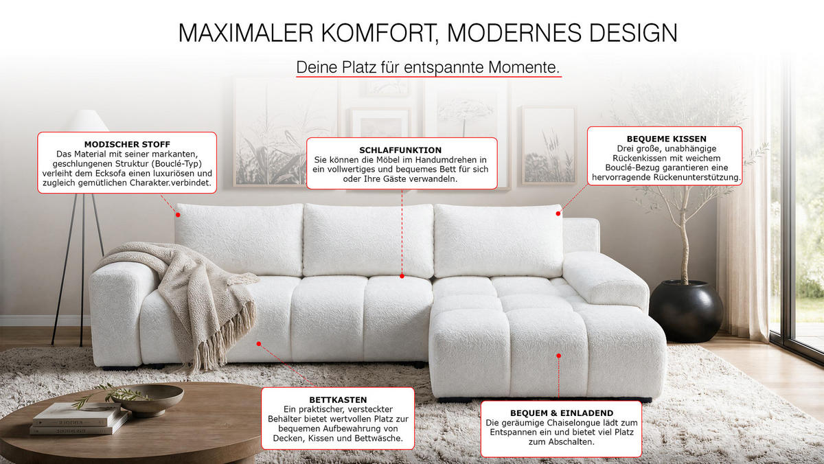 ECKSOFA Ovia mit Bettkasten und Schlaffunktion, Bouclé-Stoff in L-Form - Weiß, Textil (270/185cm)