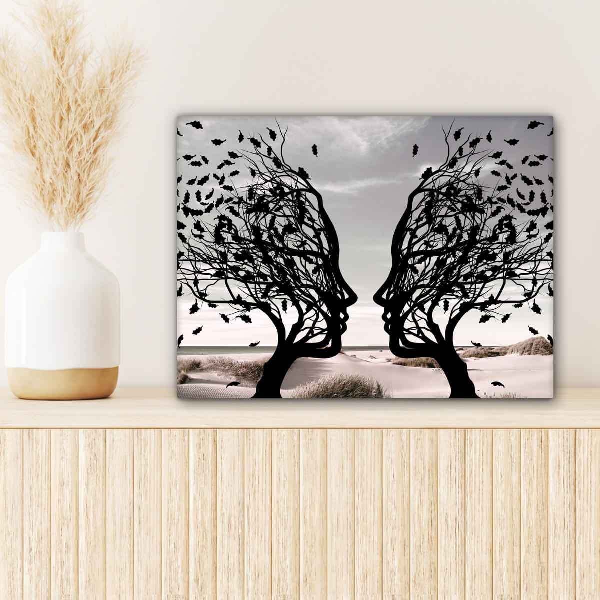 LEINWANDBILD Strand - Meer - Menschen - Baum - Moderne Kunst 40x30 cm - Hellgrau, Textil (40/30cm) - MuchoWow