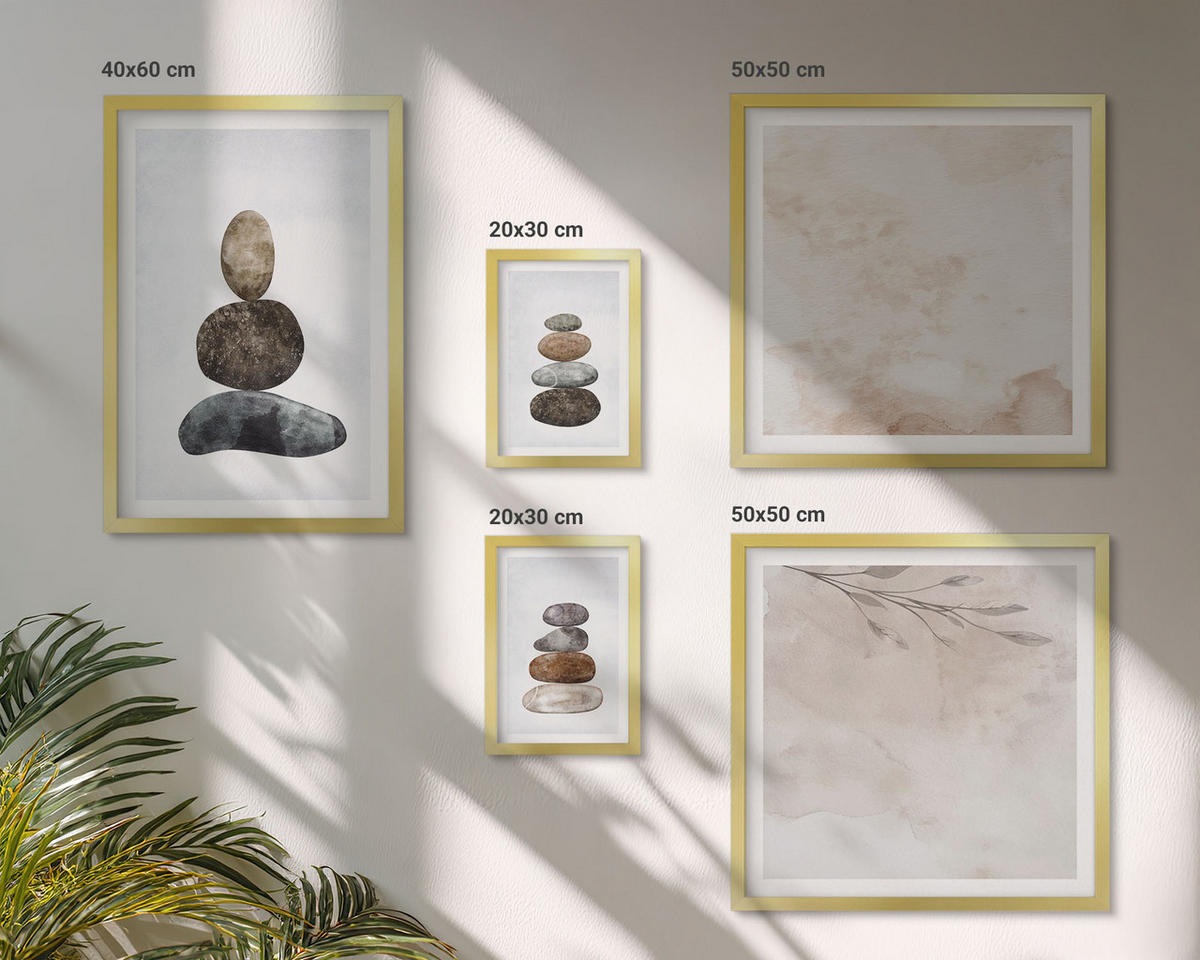 BILDER SET 5er Set - 50x50 cm & 20x30 cm & 40x60 cm Goldrahmen - Steinstapel-Boho-Malerei - Goldfarben, Kunststoff (40/60cm) - TULUP