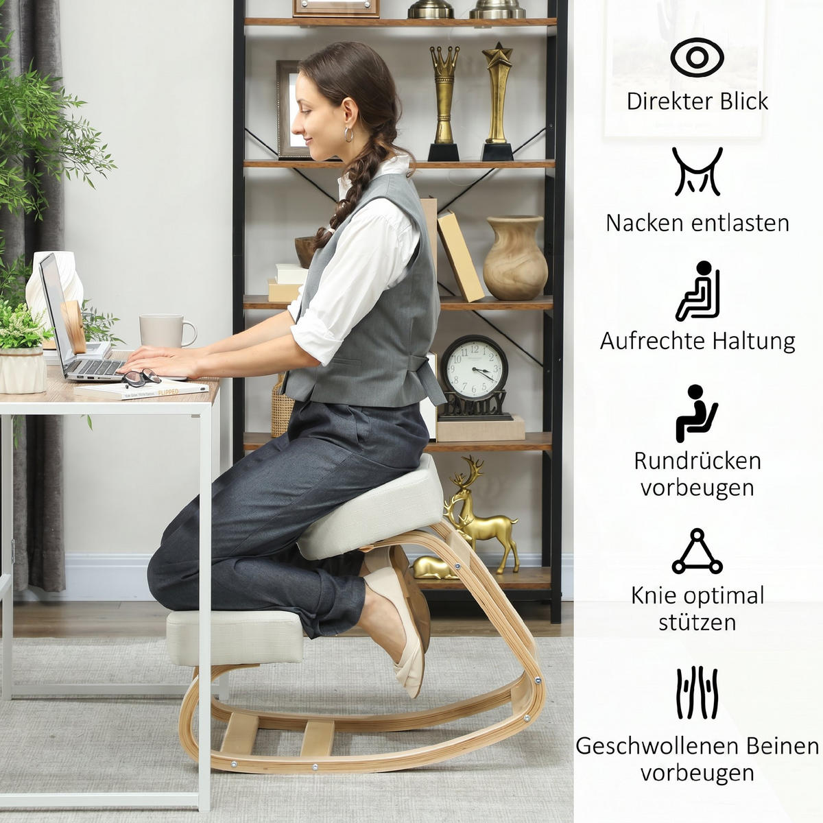 KNIESTUHL Birke Polyester Cremeweiß - Creme, Holz (51/58/69cm) - Vinsetto