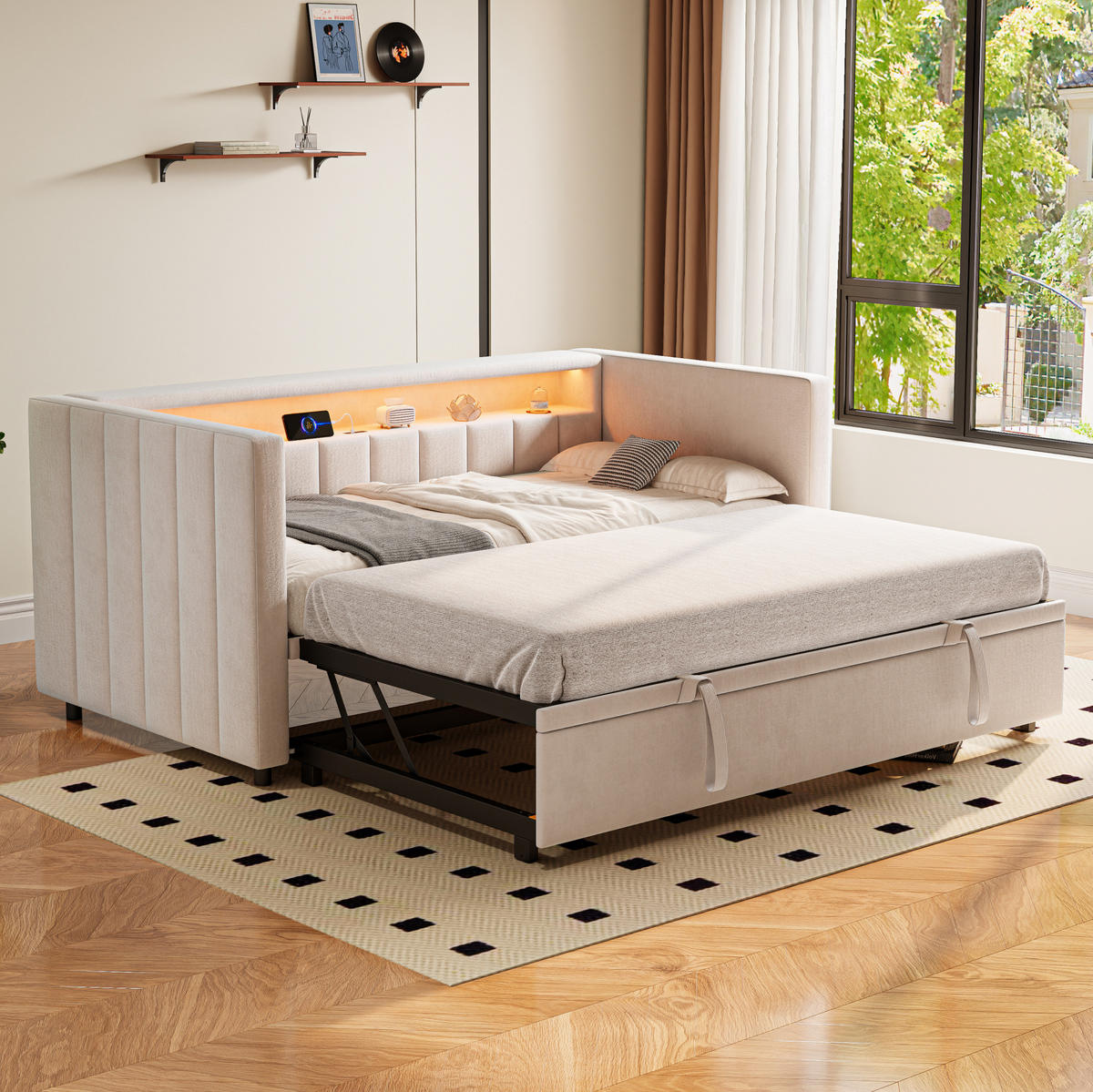 BETT 90/190 cm mit ausziehbarem Bett & USB-Type-C-Anschluss und LED-Beleuchtung Samt Beige - Beige, Textil (90/190cm) - OKWISH