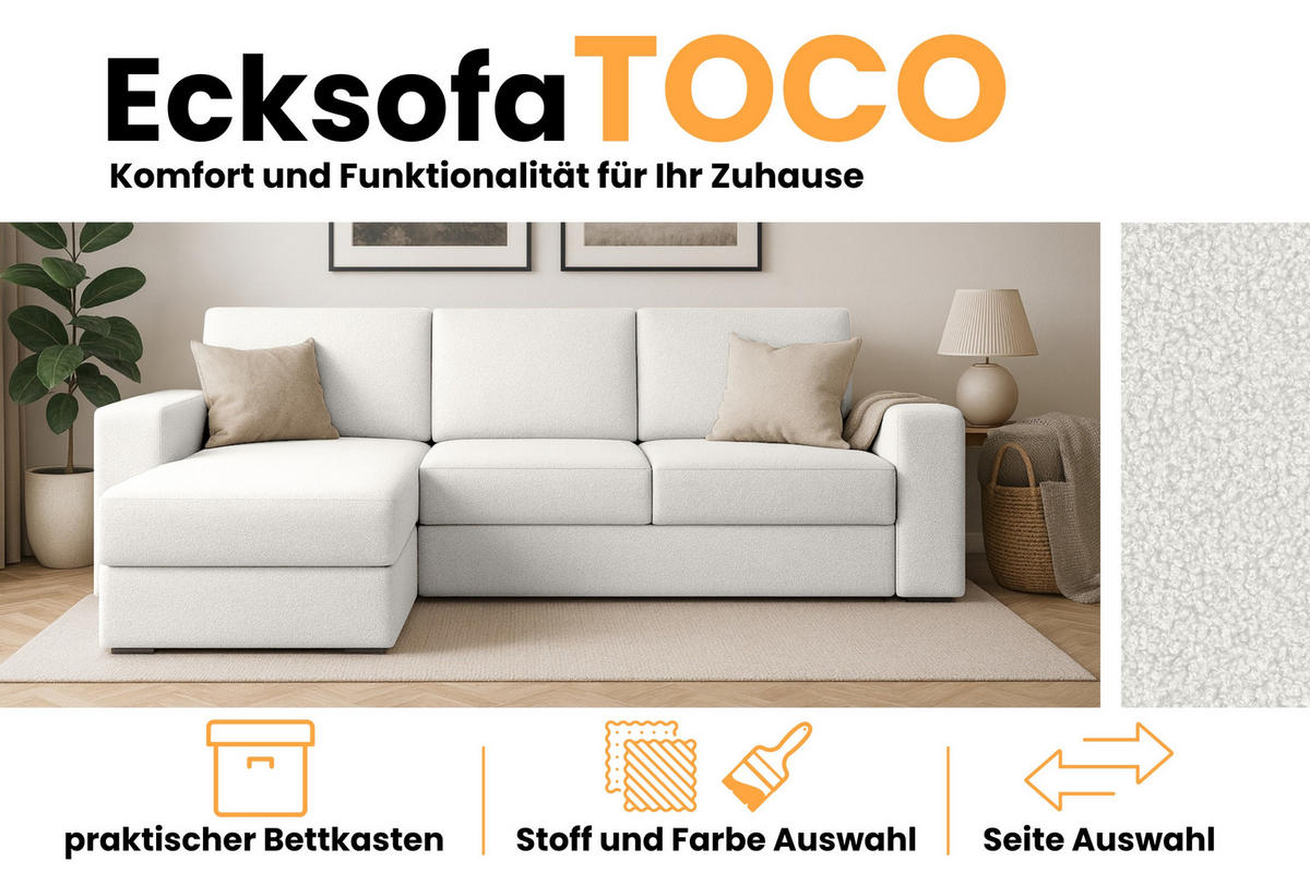 ECKSOFA TOCO L 240x145 cm in Boucle Weiß links - Beige, Holz/Holzwerkstoff (240/145cm) - Deine Möbel 24