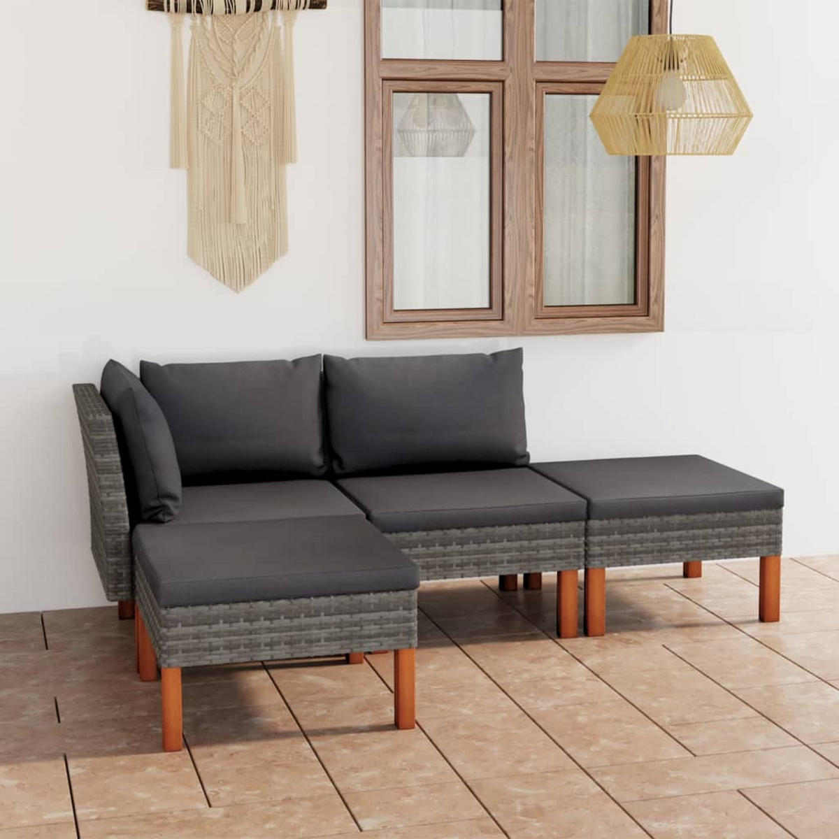 LOUNGEGARNITUR mit Auflagen, aus Poly Rattan, Grau, 4-teiliges Set - Grau, Kunststoff - vidaXL