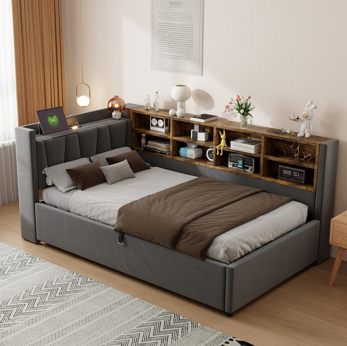 POLSTERBETT aus Samt 90x200 cm Grau mit hydraulischem Bettkasten, Nachtlicht und USB-/Typ-C-Anschluss - Grau, Textil (90/200cm) - Modfu