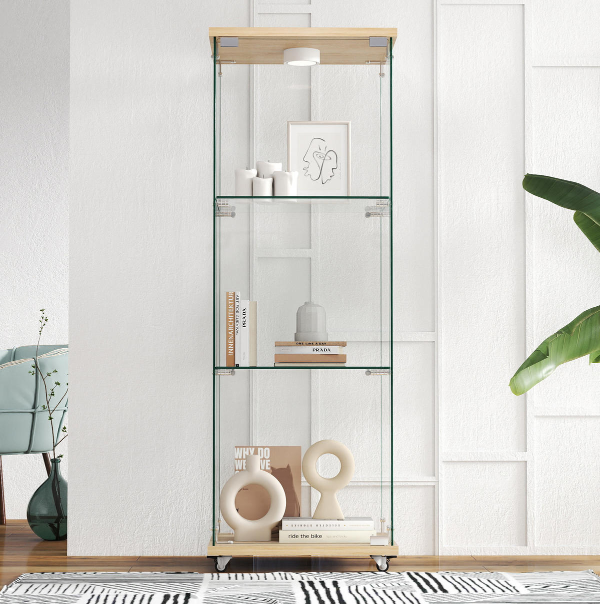 VITRINE aus MDF und Glas 42x36x120 cm Natur mit LED-Beleuchtung und Fernbedienung - Naturfarben, Holzwerkstoff (42.5/120/36.5cm) - IVMEU