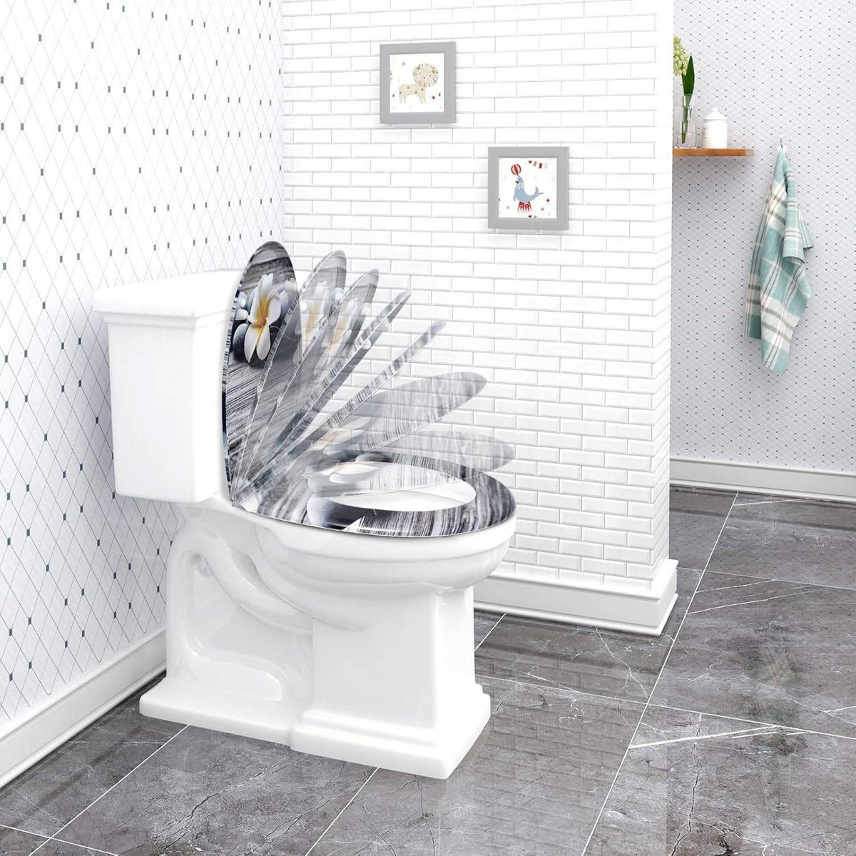 WC SITZ mit Absenkautomatik,Antibakteriell,Weiße Frangipani - Weiß/Grau, Kunststoff (37/2.51/45cm) - Woltu