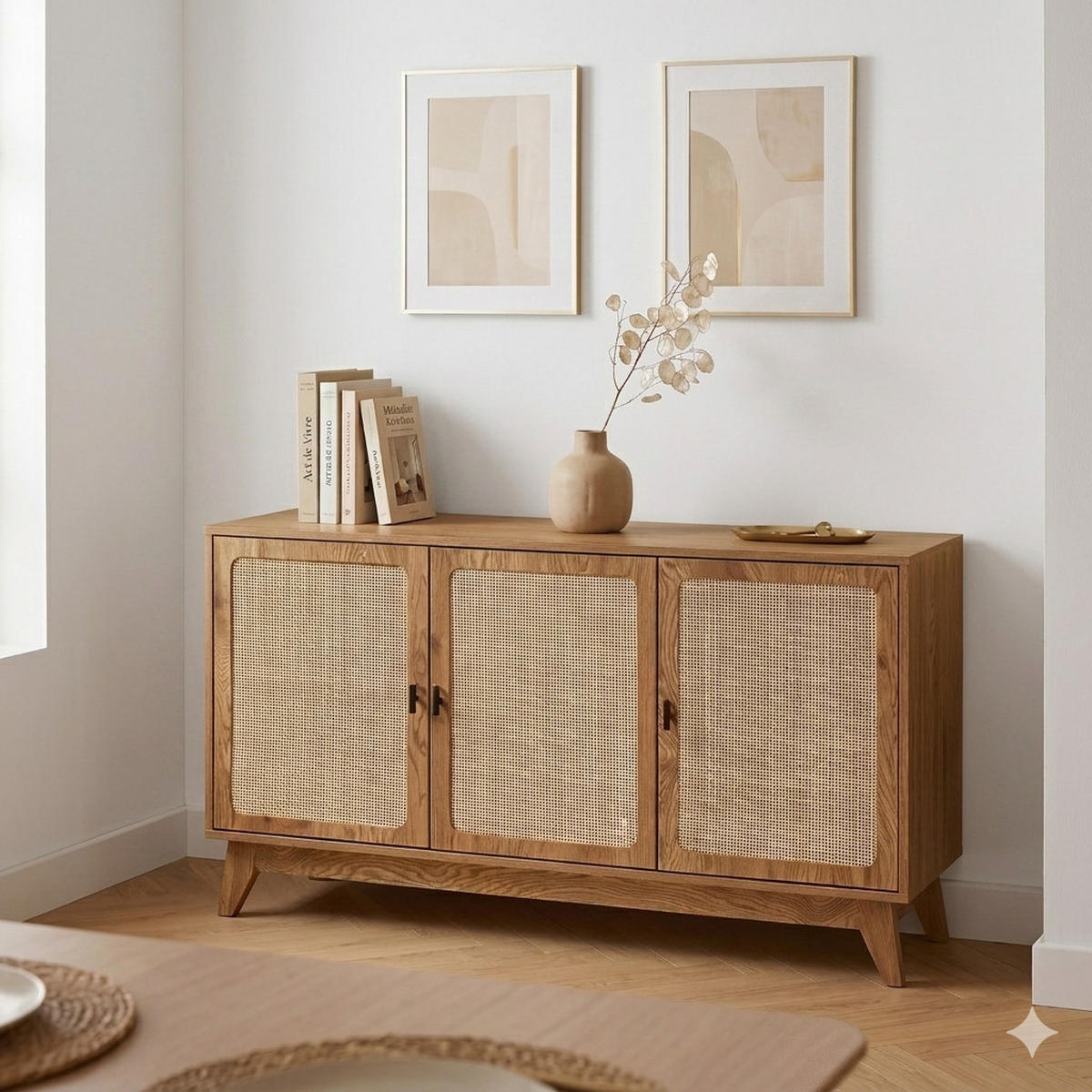 SIDEBOARD 3 Türen mit Naturgeflecht-Front B120 cm - ALIA - Eschefarben, Holzwerkstoff (40/72/46cm) - Calicosy