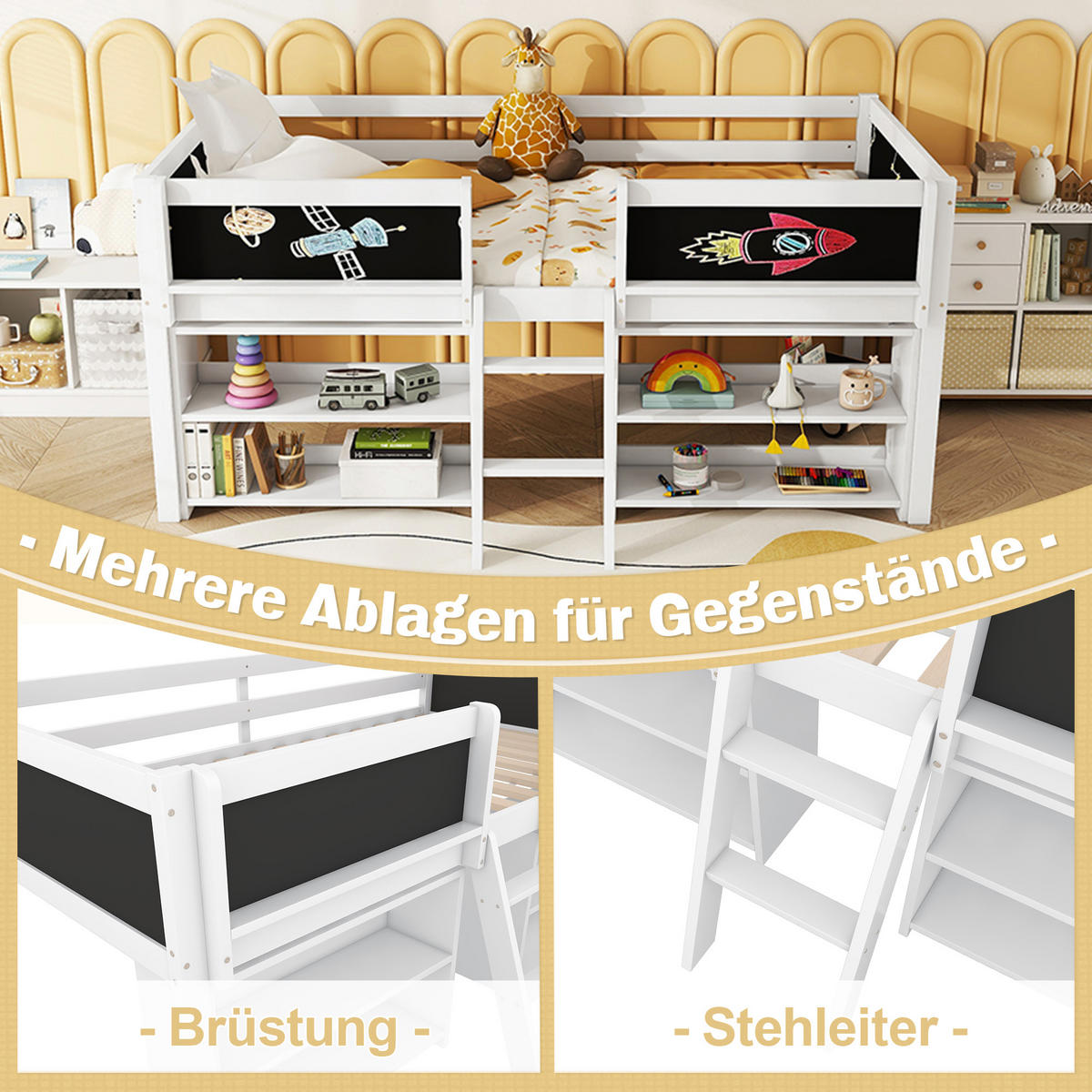 HALBHOHES BETT 90x200cm Weiß Kiefer Einlegeböden Geländer Leiter - Weiß, Holz (90/200cm) - FLIEKS