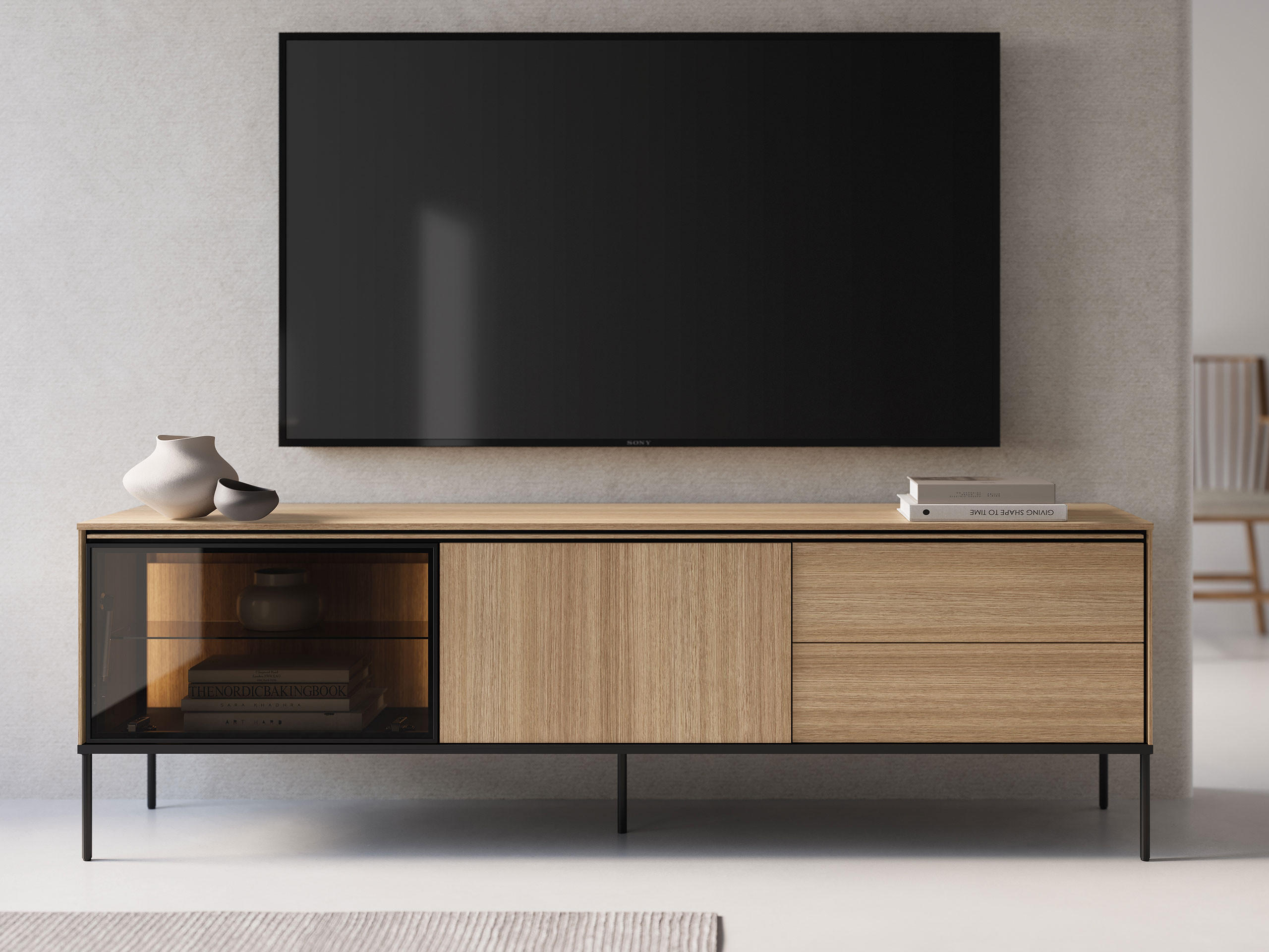 TV-LOWBOARD 1D1W2S 197 Visso VI-08 - Eichefarben/Schwarz, Holzwerkstoff/Metall (197/62/41cm) - MIRJAN24