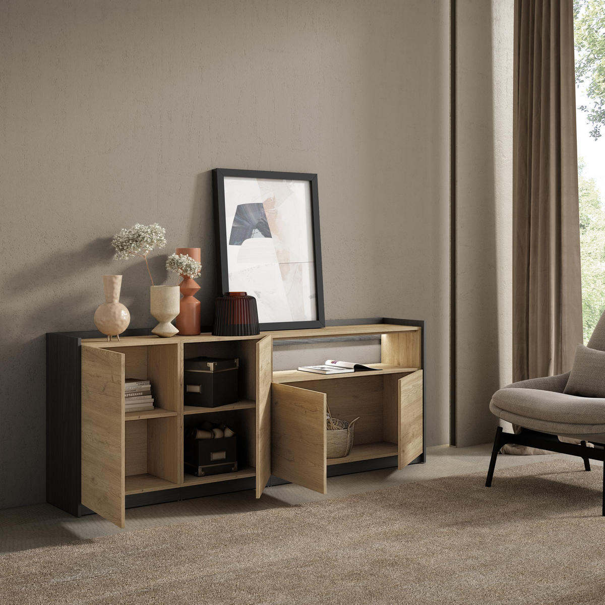 SIDEBOARD, Eiche und Schwarz, 207/37/80cm, mit Led - Eichefarben, Holzwerkstoff (207/80/37cm) - Skraut Home