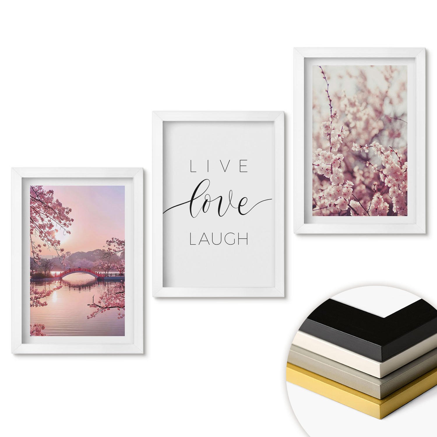 WANDBILDER 3er-Set - 20x30 cm Weißer Rahmen - Blumenbrücken-Inschriftenmotiv - Weiß, Kunststoff (20/30cm) - ArtPrintCave