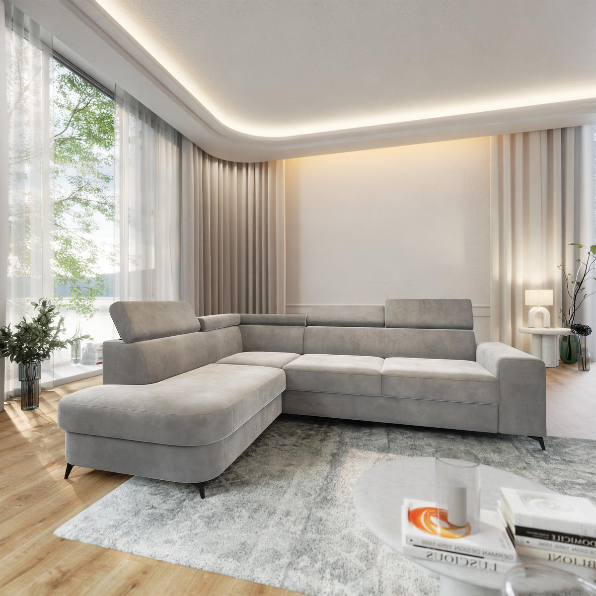 ECKSOFA ALVORO L-S Hellgrau Velours-Stoff mit Schlaffunktion - Hellgrau, Holz (253/190cm) - MASSENO