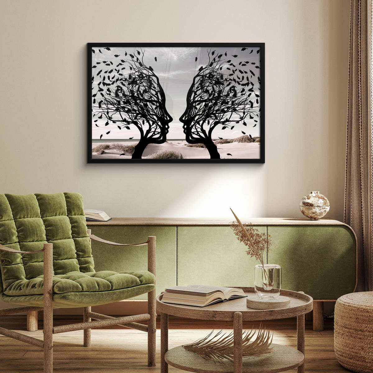 ZARÁMOVANÝ PLAGÁT Pláž - more - ľudia - strom - moderné umenie 90x60 cm - svetlosivá, papier (90/60cm) - MuchoWow