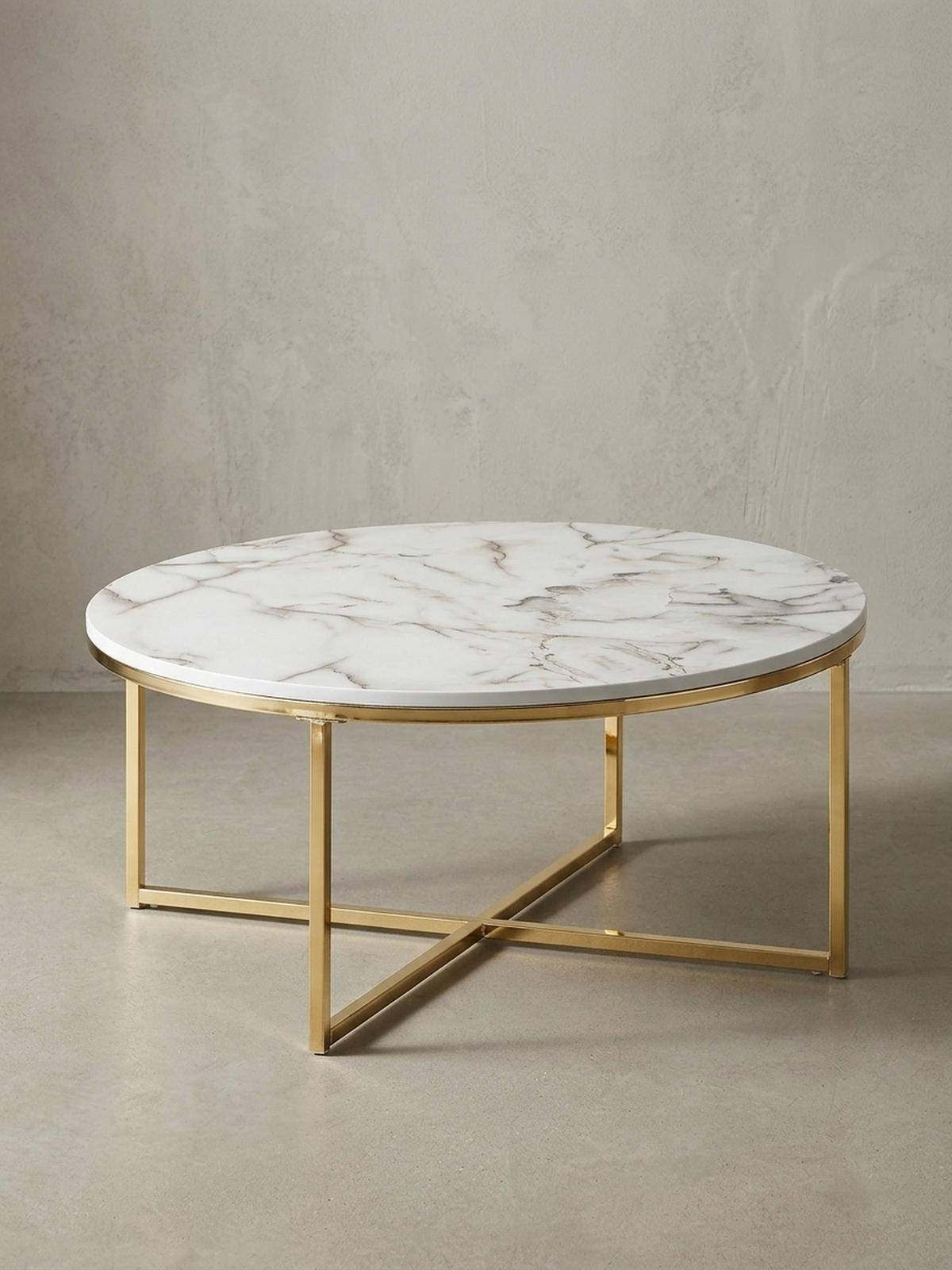 COUCHTISCH mit Marmor-Optik und Hochglanz-Finish, rund, Weiß 80x80x35 cm - Goldfarben/Weiß, Holz/Metall (80/80/35cm) - KADIMA DESIGN