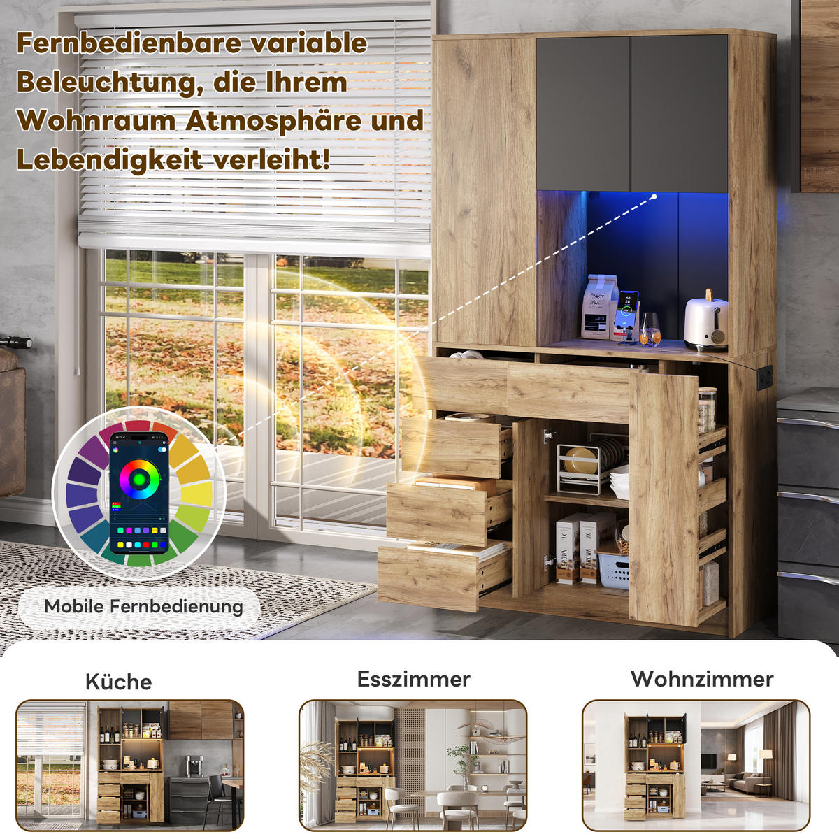 HIGHBOARD DE-38663 185/105/40 cm LED-Beleuchtung und 4-stöckiges Gewürzregal Natur - Naturfarben, Holzwerkstoff (105/185/40cm) - ComfortXL