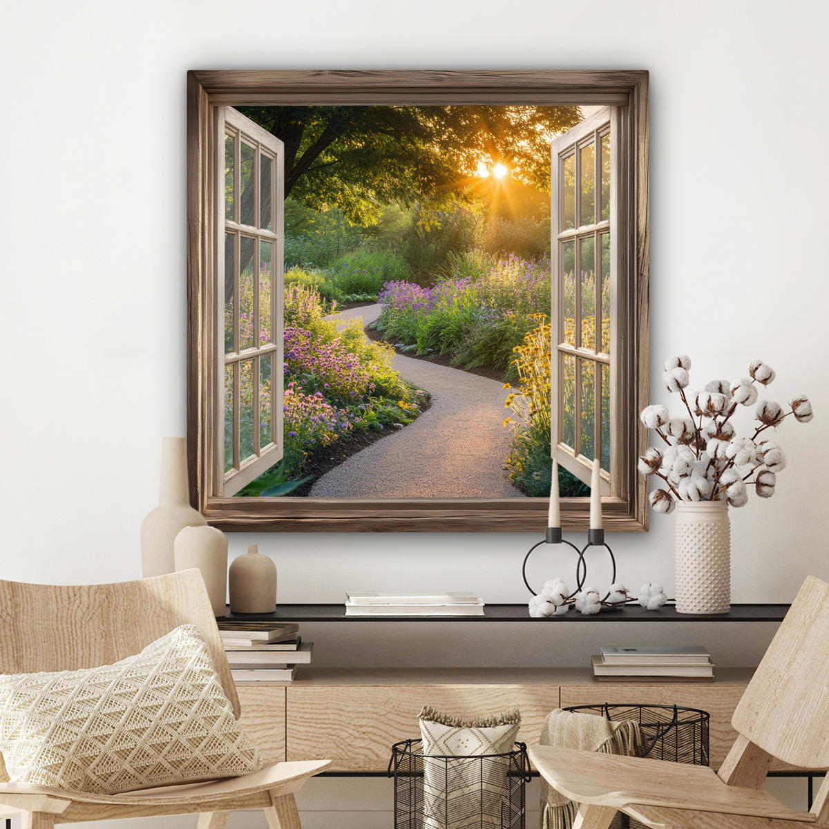 LEINWANDBILD Aussicht - Blumen - Natur - Sonne - Weg Deko Groß 90x90 cm - Hellgelb, Textil (90/90cm) - MuchoWow