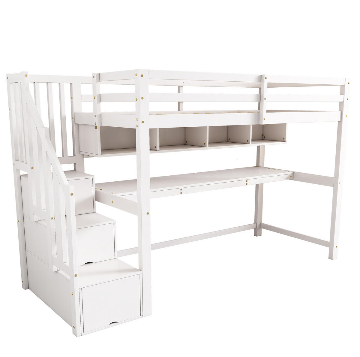 HOCHBETT aus Massivholz und MDF 90x200 cm Weiß mit Stauraumtreppe, Schreibtisch und Regal - Weiß, Holz (90/200cm) - IVMEU