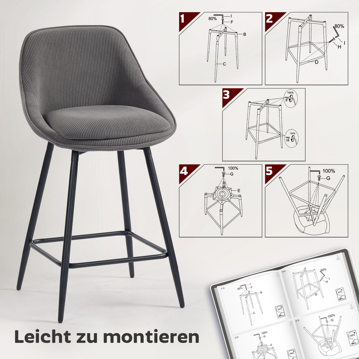 BARHOCKER 2er Set mit Fußstütze Rückenlehne Kord-Optik Grau - Schwarz/Grau, Textil (49/88/52cm) - HOMCOM