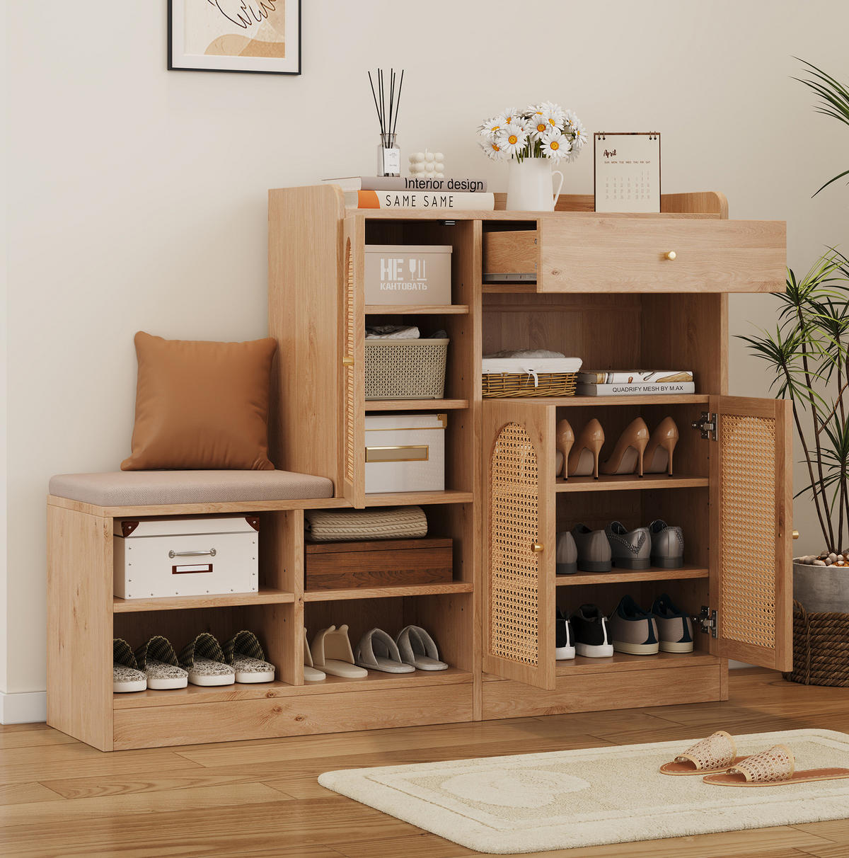 SCHUHSCHRANK aus Spanplatte 142x35x110cm in Natural mit Sitzbank - Naturfarben, Holzwerkstoff (142/110/35cm) - Modfu