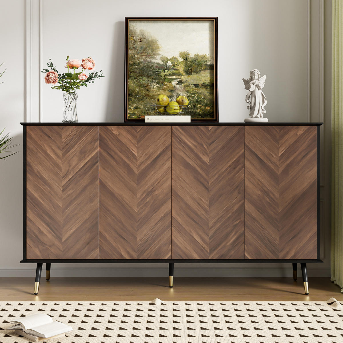 SIDEBOARD Fischgrätmuster 4 Türen - Schwarz, Holzwerkstoff (140/80/40cm)