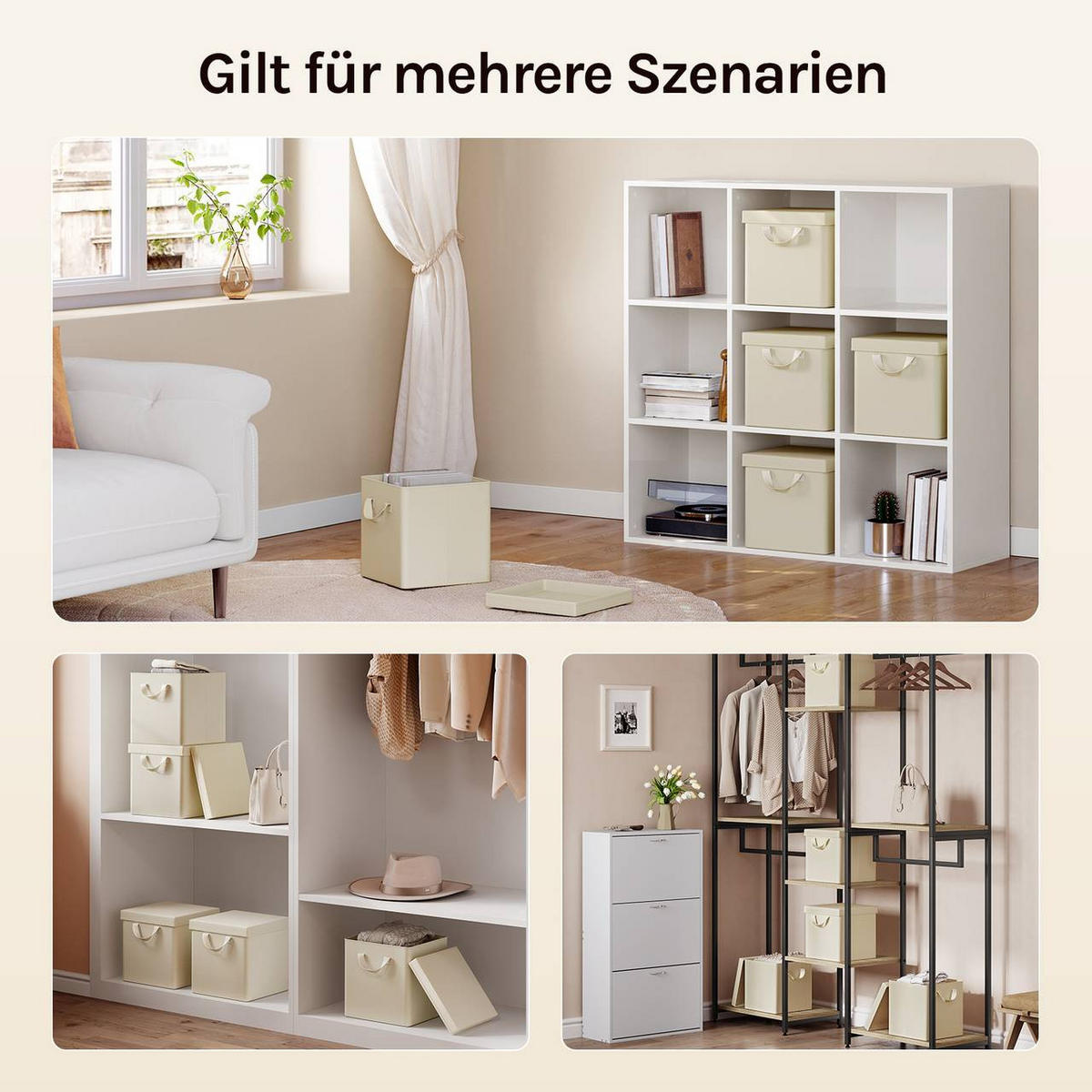 BOX 3 Stück, faltbar, mit Deckel, Creme, 20L - Creme, Leder/Kunststoff (27/27/27cm) - Woltu