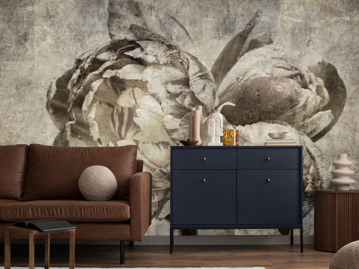 FOTOTAPETE Pfingstrosen Blumen Beton Vintage 250x175 - Beige/Braun, Papier (250/175cm) - Muralo