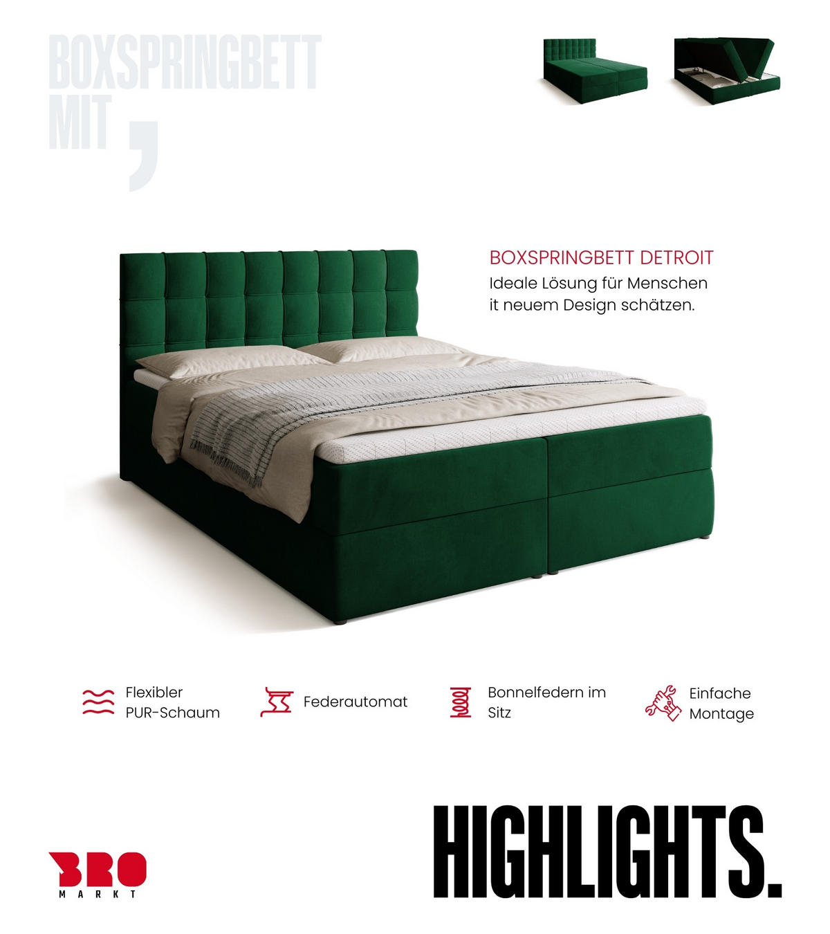 BOXBETT Detroit mit Topper 160/200 Grün - Grün, Holzwerkstoff/Textil (160/200cm) - Bromarkt