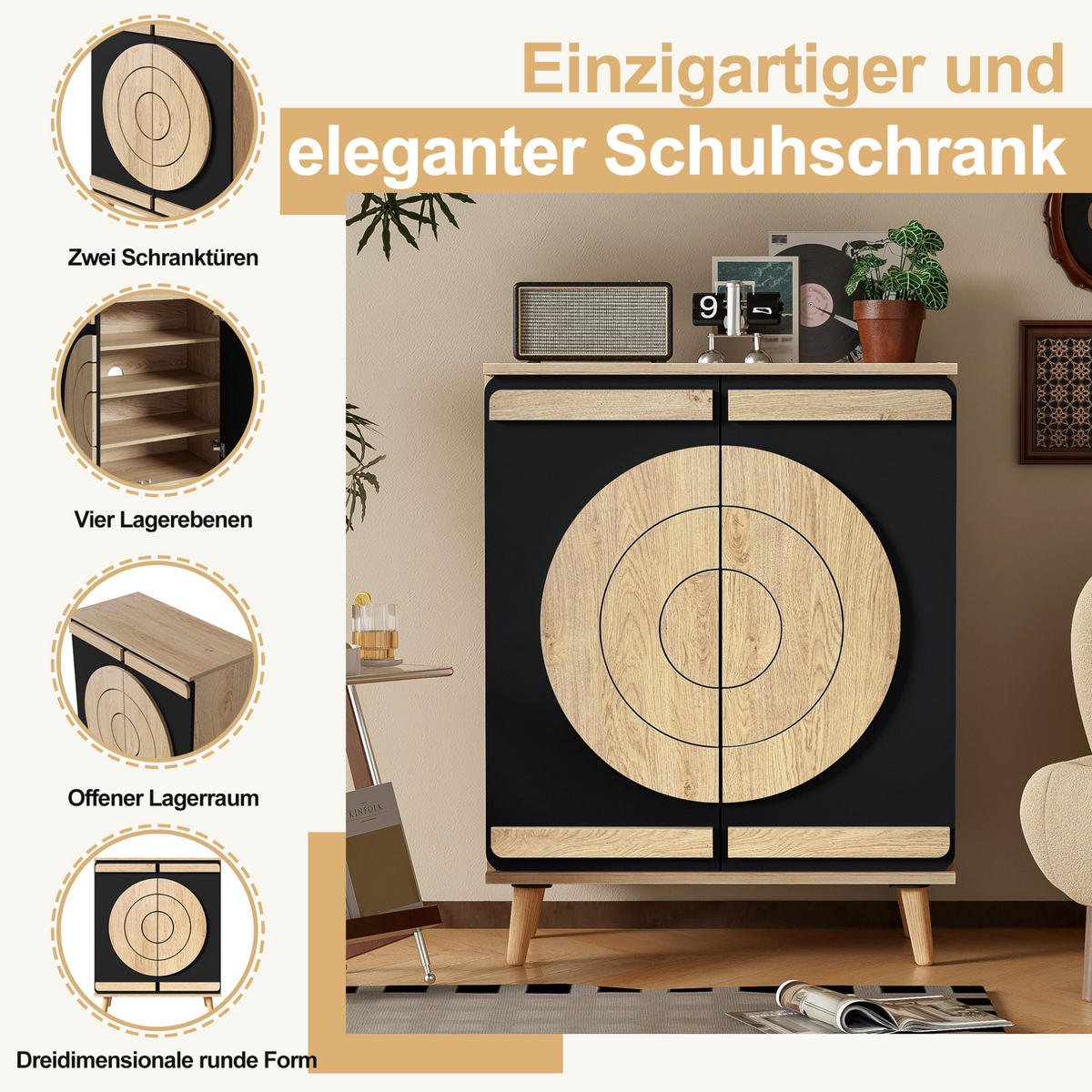 SCHUHSCHRANK 76/37/98,5 cm in Schwarz/Natur mit Türen und Holzbeinen - Schwarz, Holzwerkstoff (76/98.5/37cm) - BEAOK