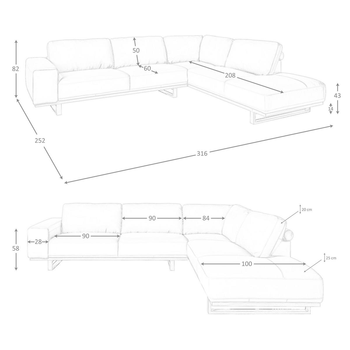 ECKSOFA Rechtes Ecksofa in Leder sand 316/252/82 cm - Sandfarben/Honig, Leder (316/252cm) - ANGEL CERDA