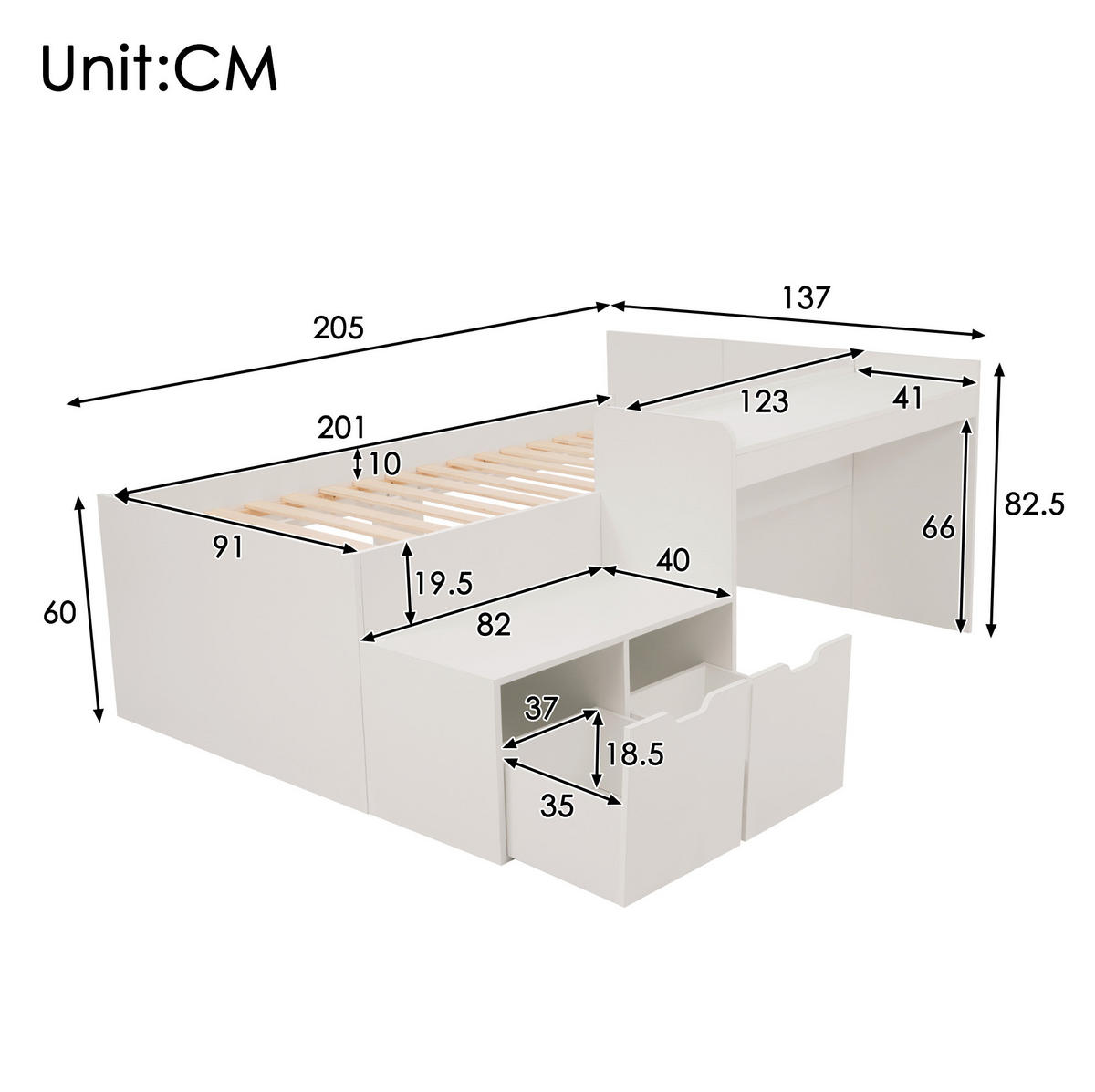 KINDERBETT 90/200 cm Weiß mit Schreibtisch und Schubladen aus Massivholz - Weiß, Holzwerkstoff (90/200cm) - Flora Grace