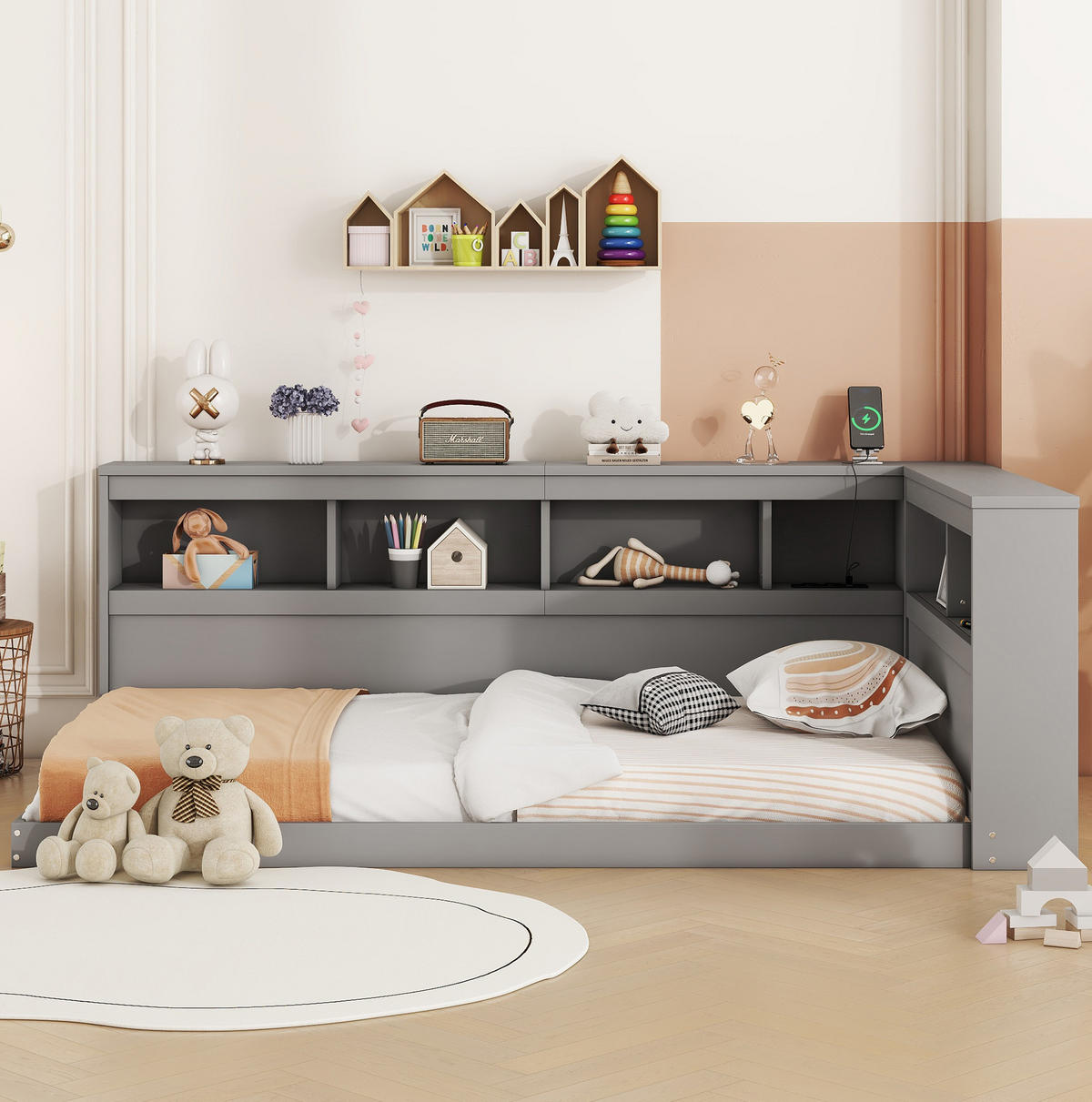 POSTEĽ 90/200 cm, drevotrieska/MDF, sivá s USB a zásuvkou - sivá, kompozitné drevo (90/200cm) - BEAOK