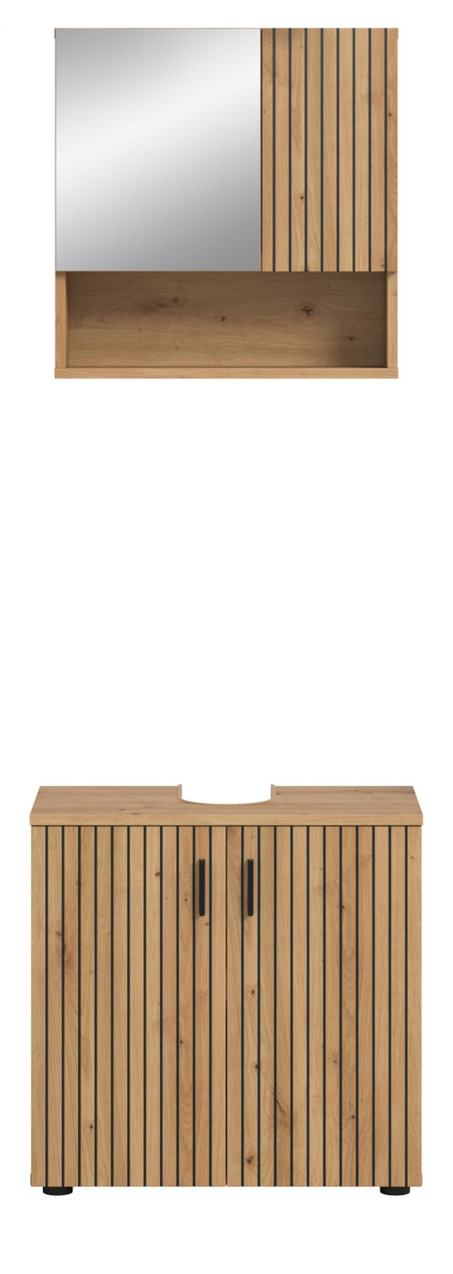 BADMÖBEL-SET Eiche Artisan 2-teilig 60 cm, Badezimmerkombination mit Rillen-Optik - Schwarz/Eiche Artisan, Glas/Holzwerkstoff (60/180/30cm) - Inn.Furn
