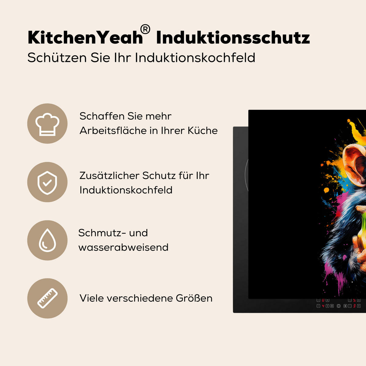 HERDABDECKPLATTE Affe - Graffiti - Farbenfroh - Bananen - Modern 91x52 cm - Gelb, Kunststoff (91.6/0.2/52.7cm) - MuchoWow