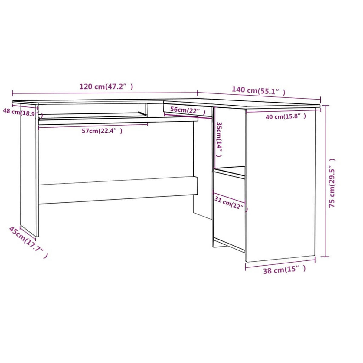 ECKSCHREIBTISCH mit 2 Fächern 120/140/75 cm aus Holzwerkstoff Betongrau - Hellgrau/Grau, Holz (120/140/75cm) - vidaXL