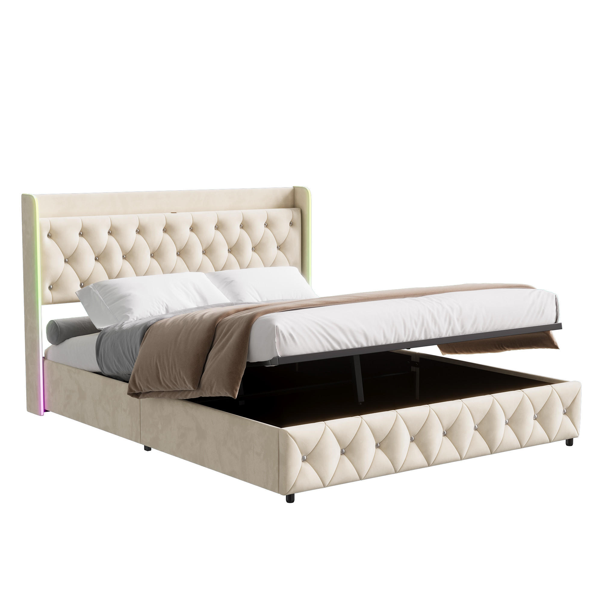 POLSTERBETT 140x200 cm LED USB C Stauraum Lattenrost Samt beige - Beige, Holz (140/200cm) - Fortuna Lai