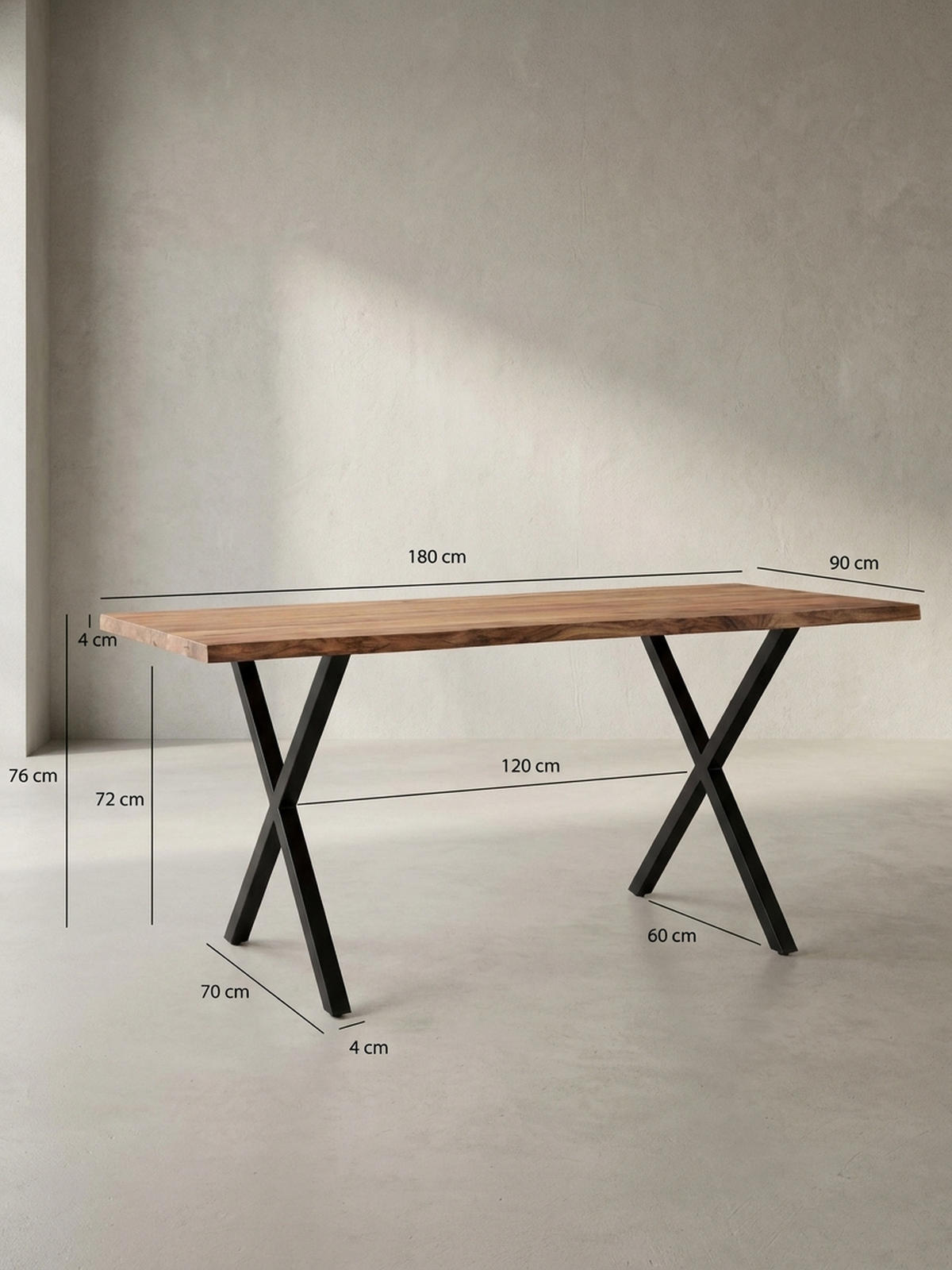 ESSTISCH Massivholz Metall X-Gestell Baumkante Industrial KRETA, Goldbraun-Schwarz 180x90x76 cm - Schwarz/Braun, Holz/Metall (90/180/76cm) - KADIMA DESIGN