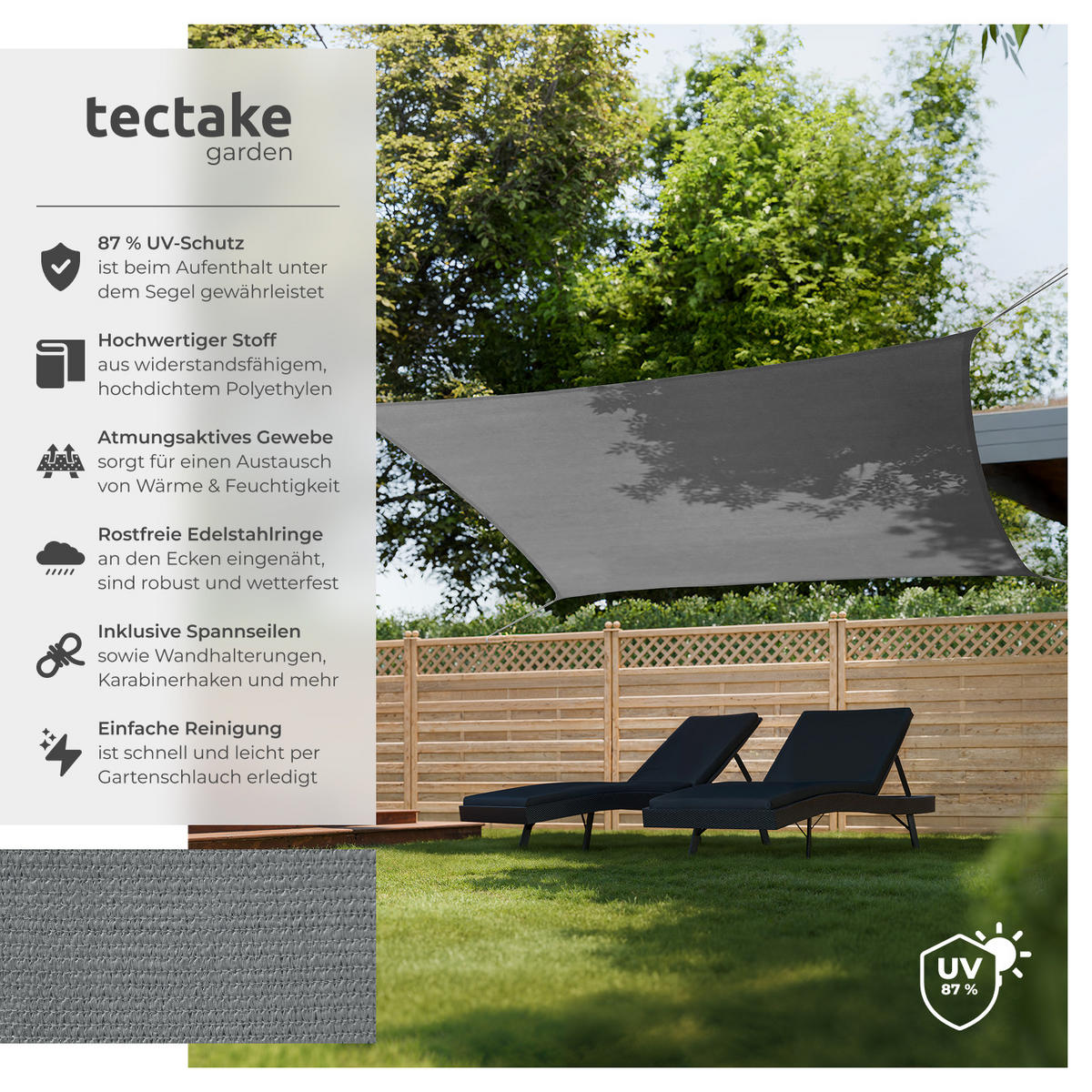 SONNENSEGEL Sunny,umfangreiches Montagematerial,grau - Grau, Kunststoff (500/300cm) - tectake