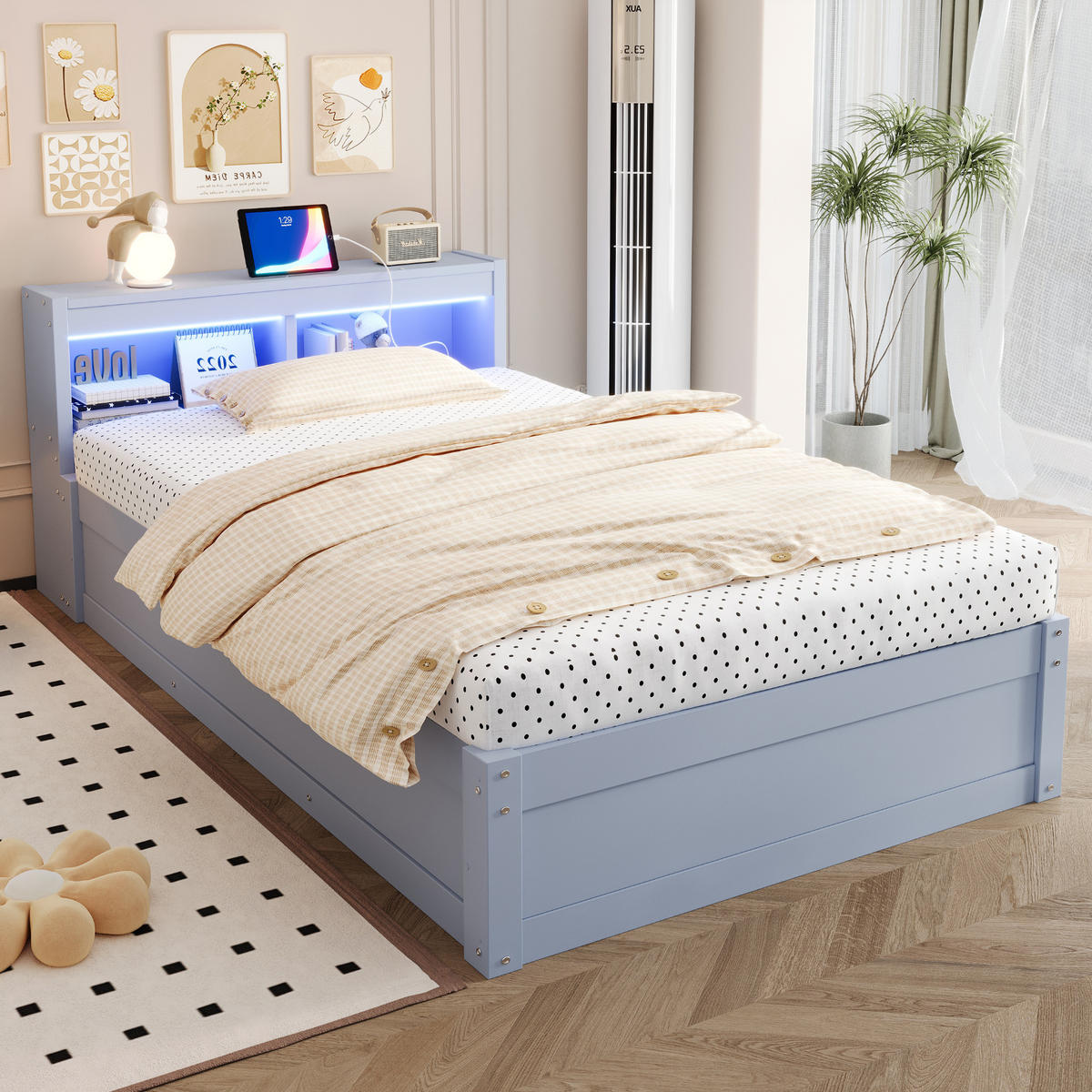 SCHLAFSOFA 90x200cm LED Stauraum Steckdose Massivholz Grau - Grau, Holzwerkstoff (90/200cm) - FLIEKS