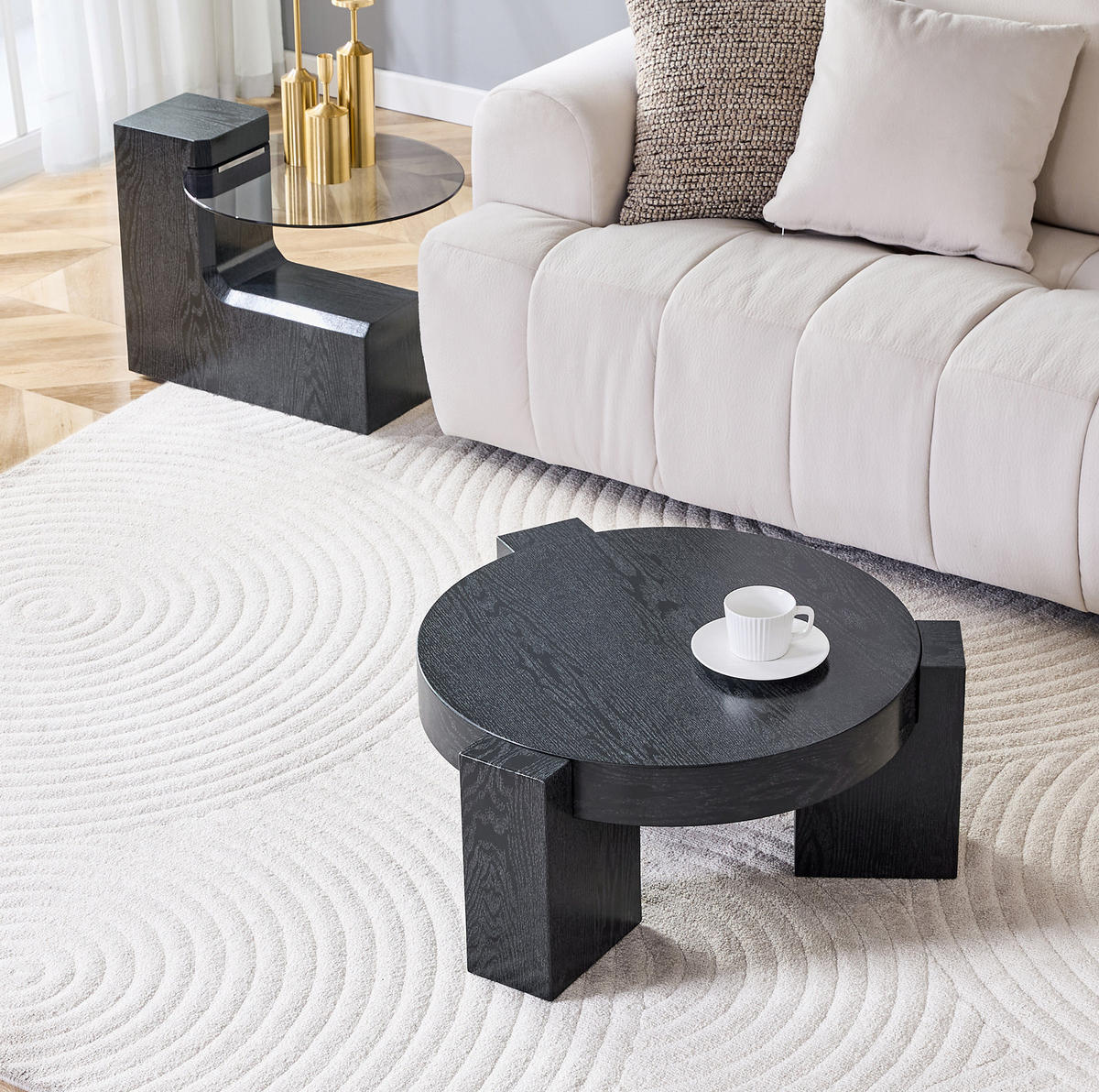 COUCHTISCH-SET rund 61/30 cm aus Glas und MDF in Schwarz mit 2 Ebenen - Schwarz, Holzwerkstoff (61/61/30cm) - Flora Grace