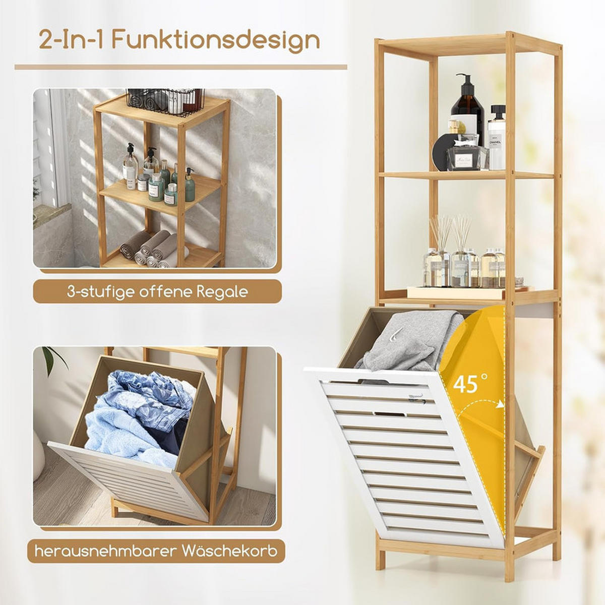 BADEZIMMERREGAL mit Wäschekorb natur - Naturfarben, Naturmaterialien (36/130/33cm) - COSTWAY