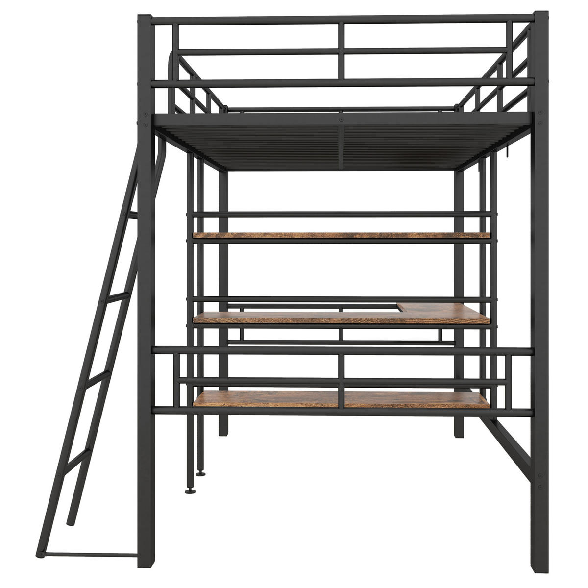 HOCHBETT mit Schreibtisch 90/200 cm in Schwarz – mit Regalen, Leiter und Rausfallschutz - Schwarz, Metall (90/200cm) - BEAOK