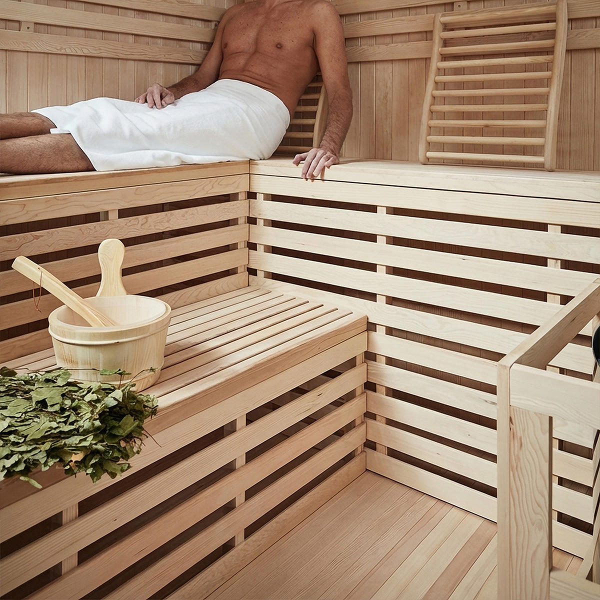 SAUNA SKYLINE BIG XL - Ausstattung: Mit Holzwand, Größe: 200 x 200 x 210 cm - Naturfarben, Holz (200/210/200cm) - Home Deluxe