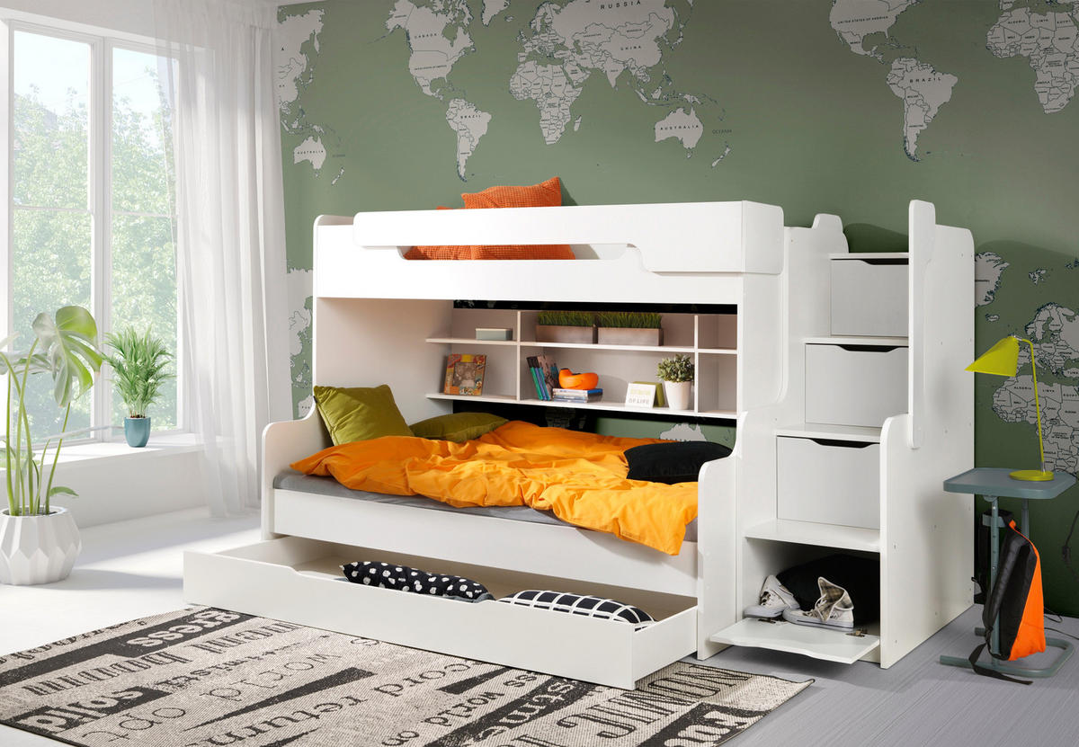 ETAGENBETT HARRY 260x129 cm – Stockbett für 2 Personen mit Treppe, Stauraum und 2 Matratzen - Weiß, Holz (120/200cm) - Wohnideebilder