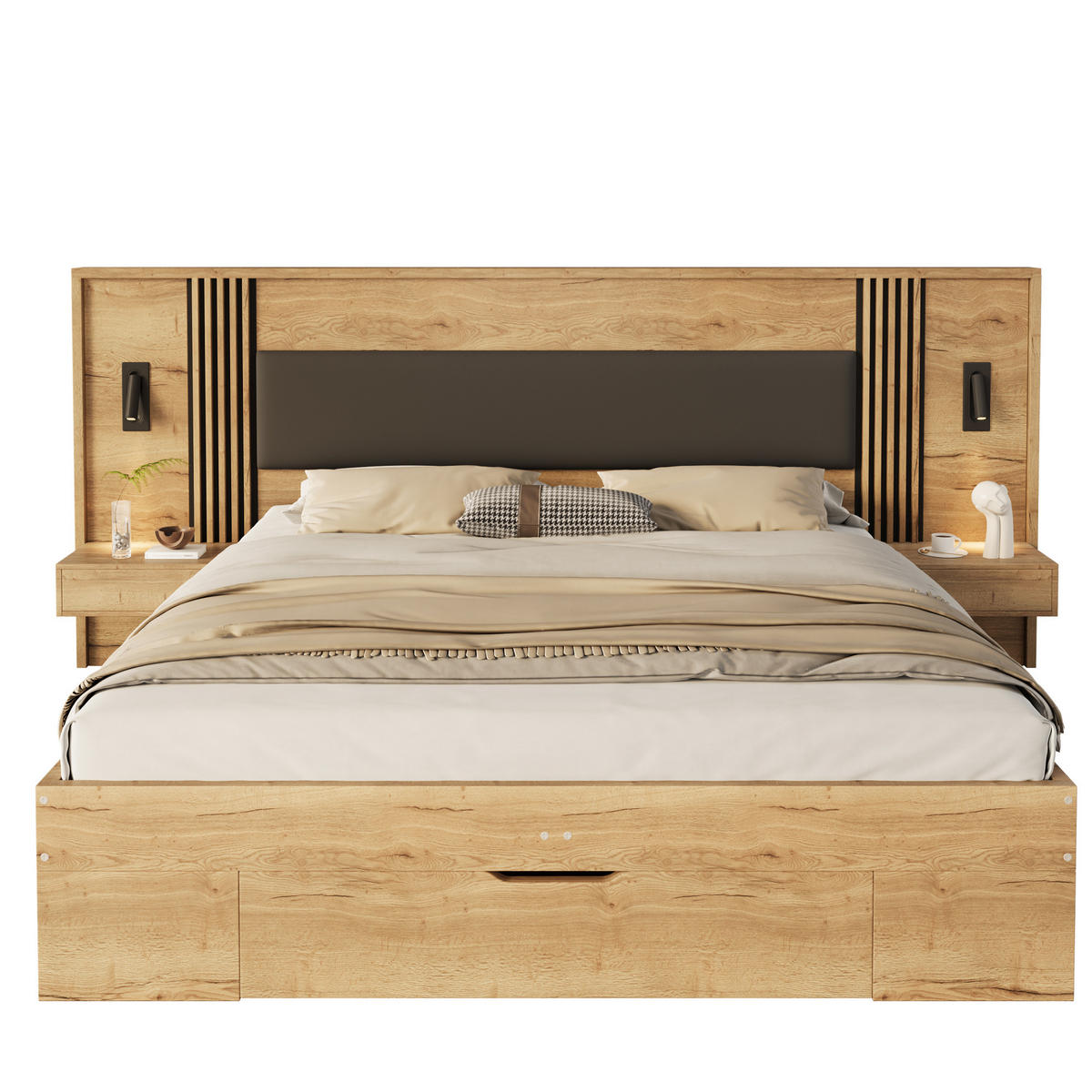 MANŽELSKÁ postel 180/200 cm přírodní z MDF s úložným prostorem a osvětlením - přírodní, kompozitní dřevo (180/200cm) - OKWISH
