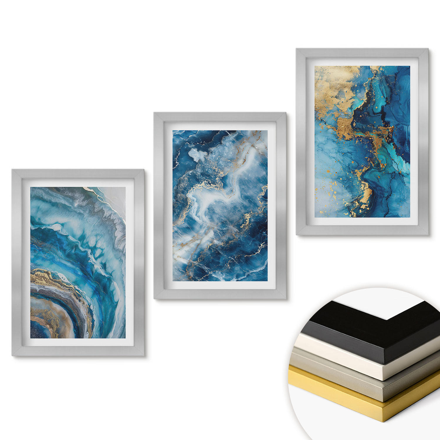 WANDBILDER 3er Set - 20x30 cm Silberner Rahmen - Blaue abstrakte Muster - Silberfarben, Kunststoff (20/30cm) - ArtPrintCave