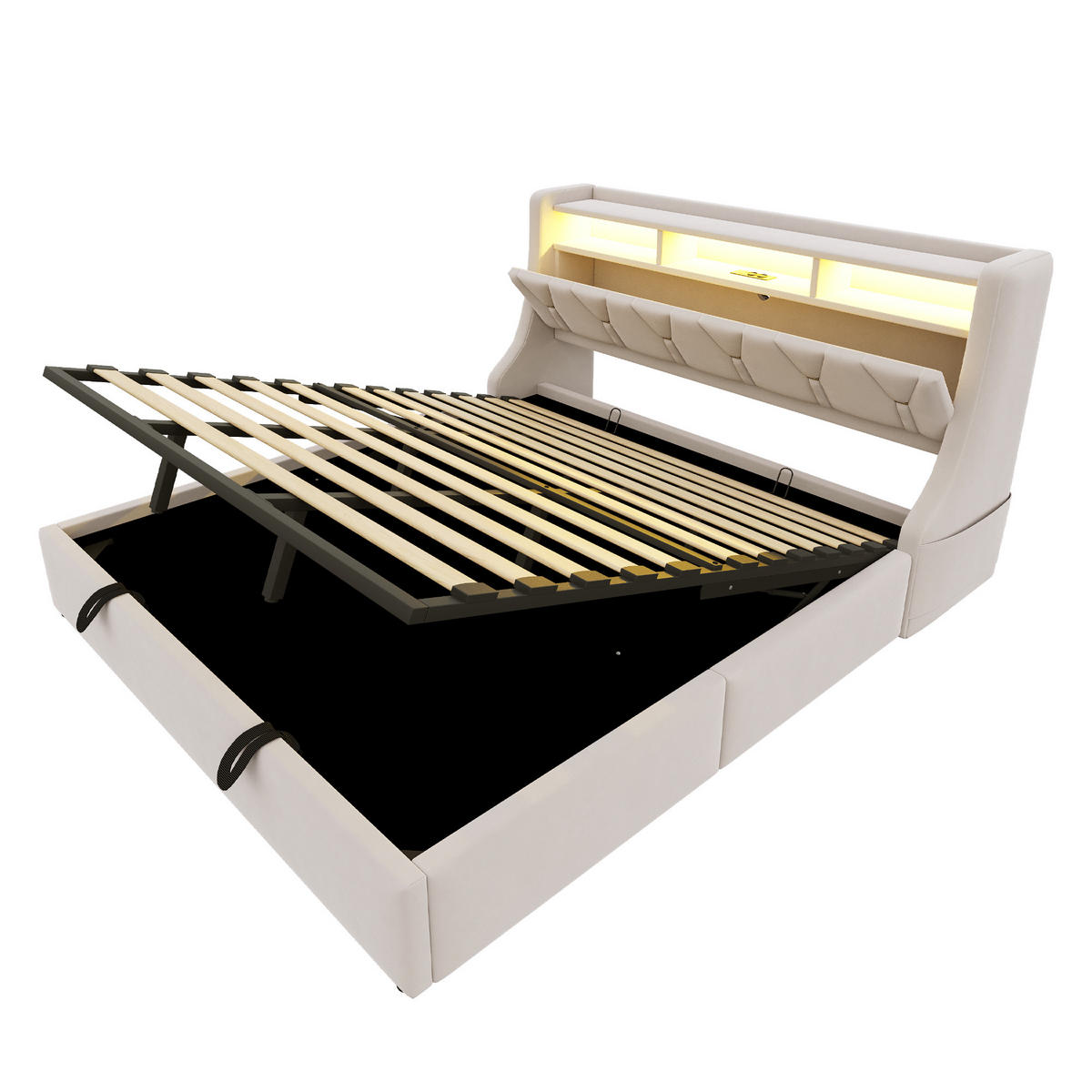 POLSTERBETT 180/200 cm in Beige Samt mit Bettkasten, LED, USB und Type-C - Beige, Holzwerkstoff/Textil (180/200cm) - STILVORA