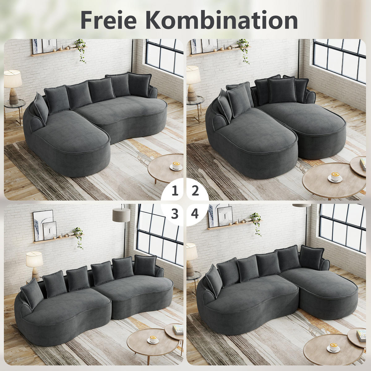 3-SITZER Sofa 252x164x67 cm aus Chenille-Stoff rahmenlos ohne Montage, grau - Grau, Textil (164/67/252cm)