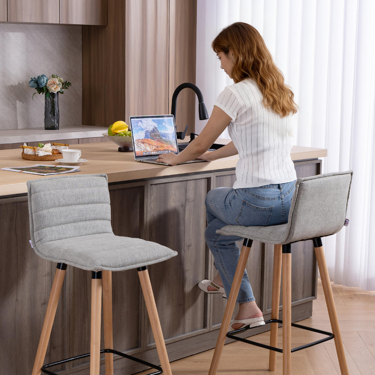 BARHOCKER 2er-Set DE-14800 gepolstert mit Rückenlehne & Fußstütze Grau - Grau, Holzwerkstoff (48/99.5/48cm) - ComfortXL