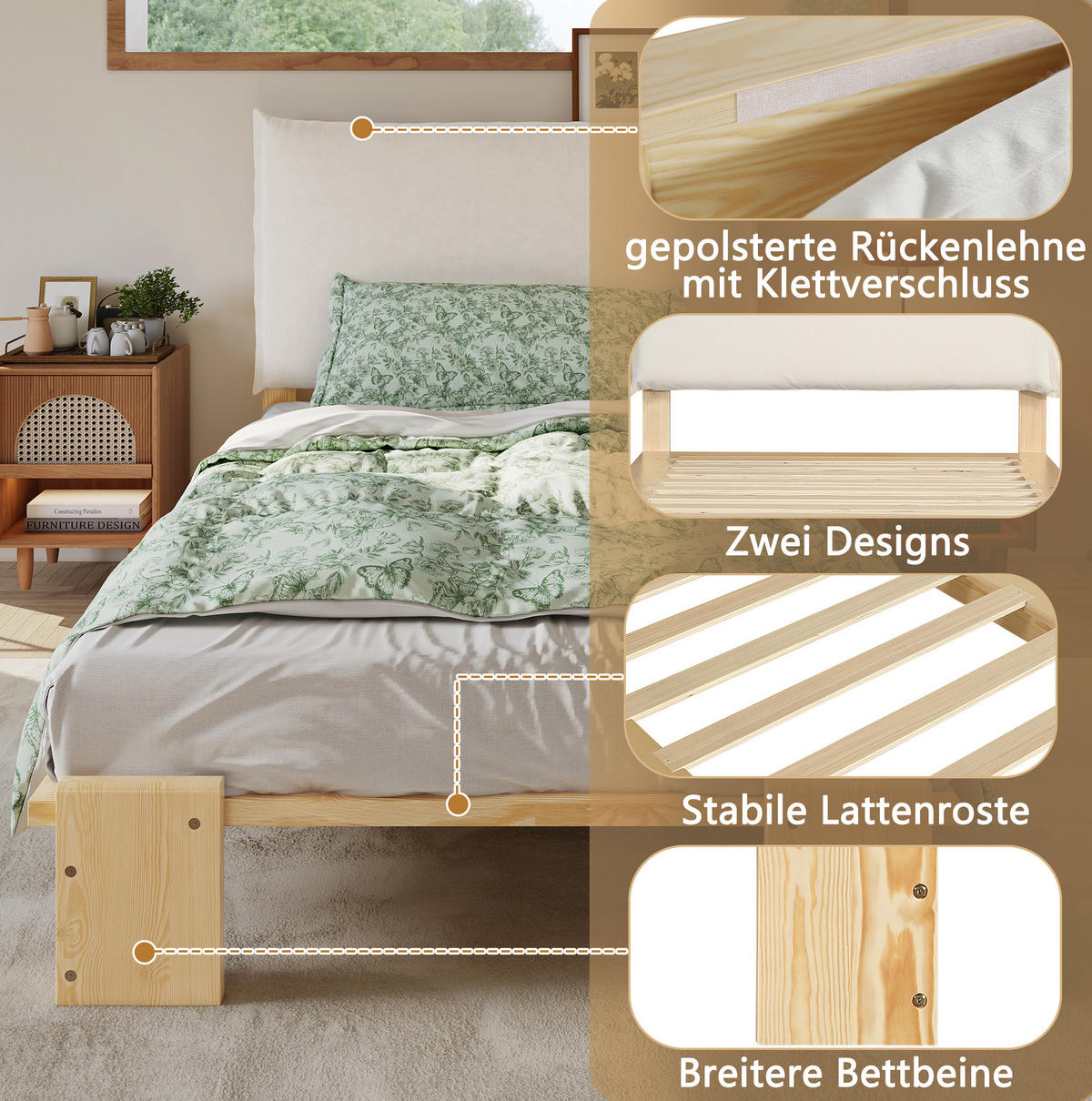 TAPECIRANI krevet 90/200 cm prirodne boje od drva i tkanine s tapeciranim uzglavljem - prirodne boje, tekstil (90/200cm) - OKWISH