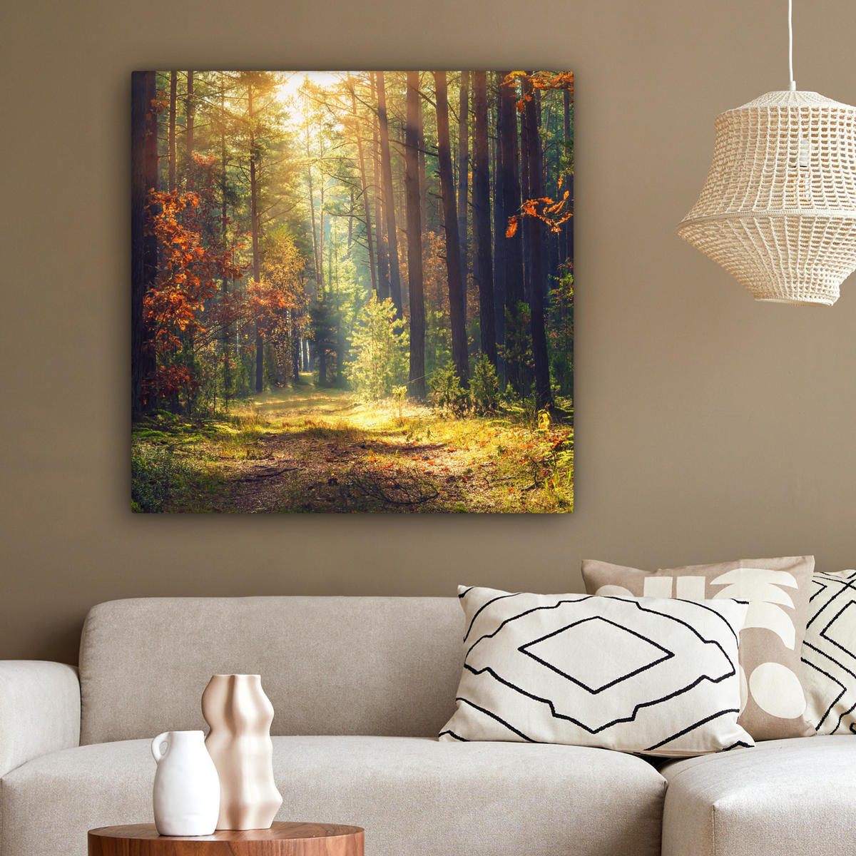 LEINWANDBILD Wald - Herbst - Bäume 90x90 cm - Dunkelgrün, Textil (90/90cm) - MuchoWow